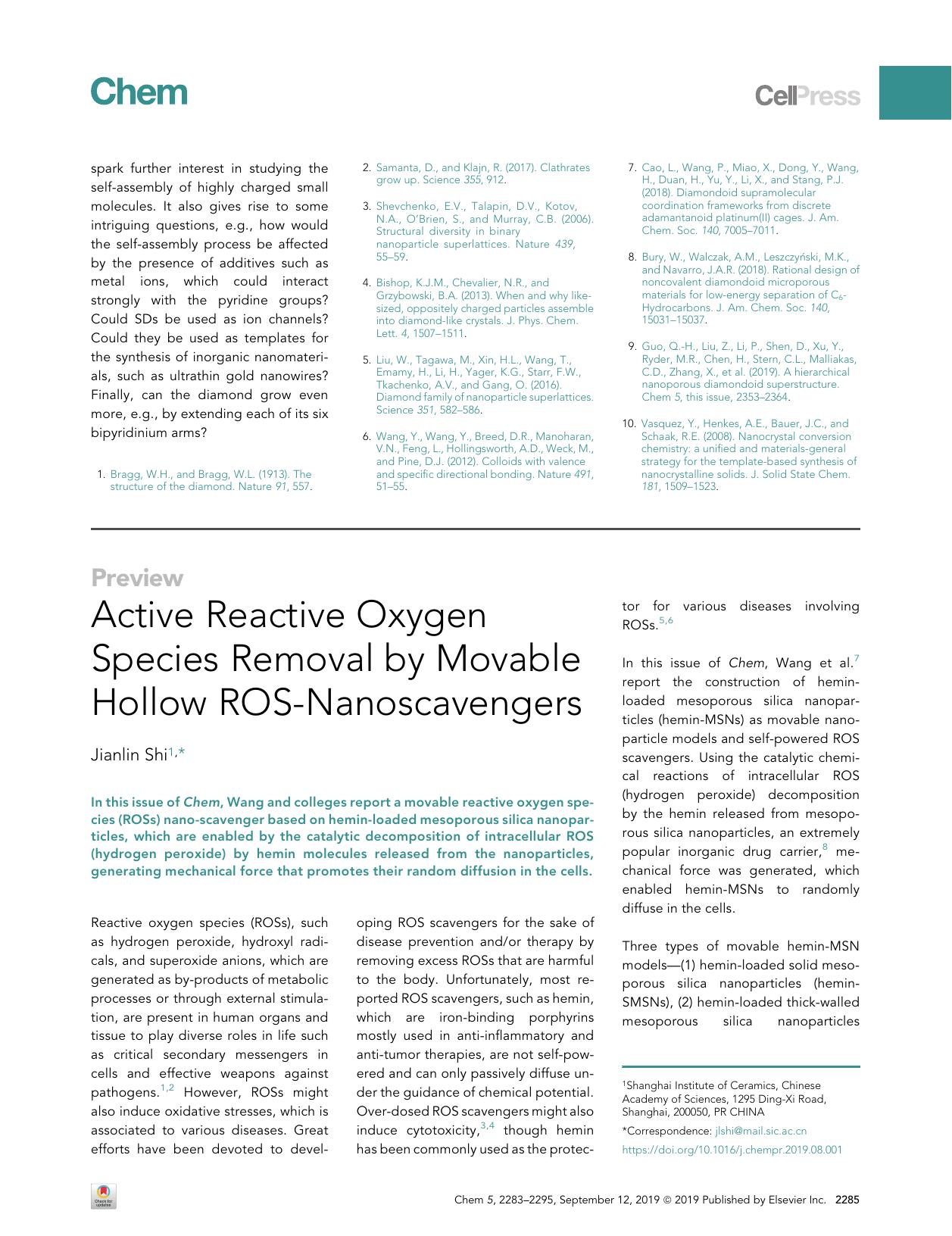 Active Reactive Oxygen Species Removal by Movable Hollow ROS-Nanoscavengers by Jianlin Shi