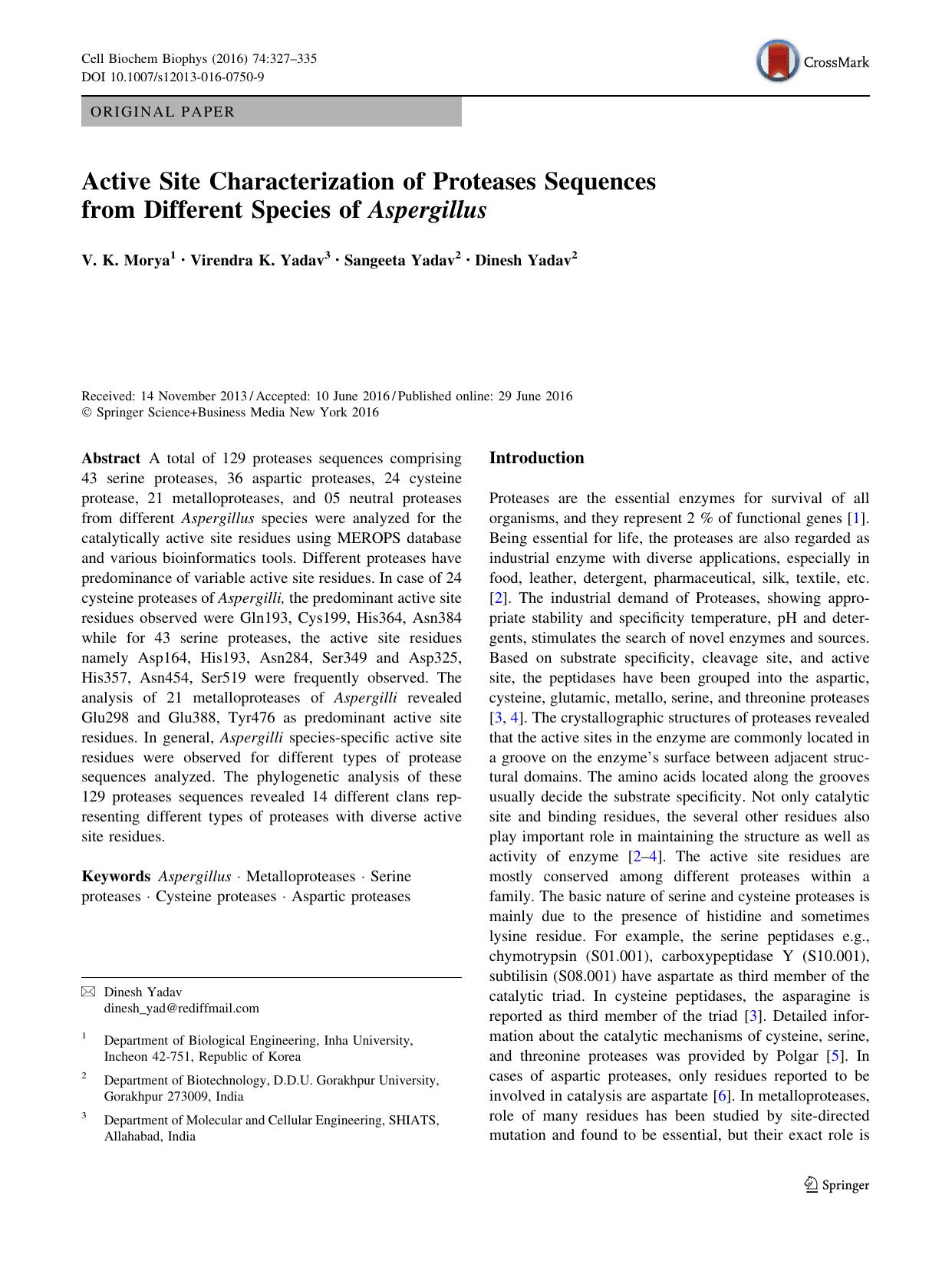 Active Site Characterization of Proteases Sequences from Different Species of Aspergillus by V. K. Morya & Virendra K. Yadav & Sangeeta Yadav & Dinesh Yadav