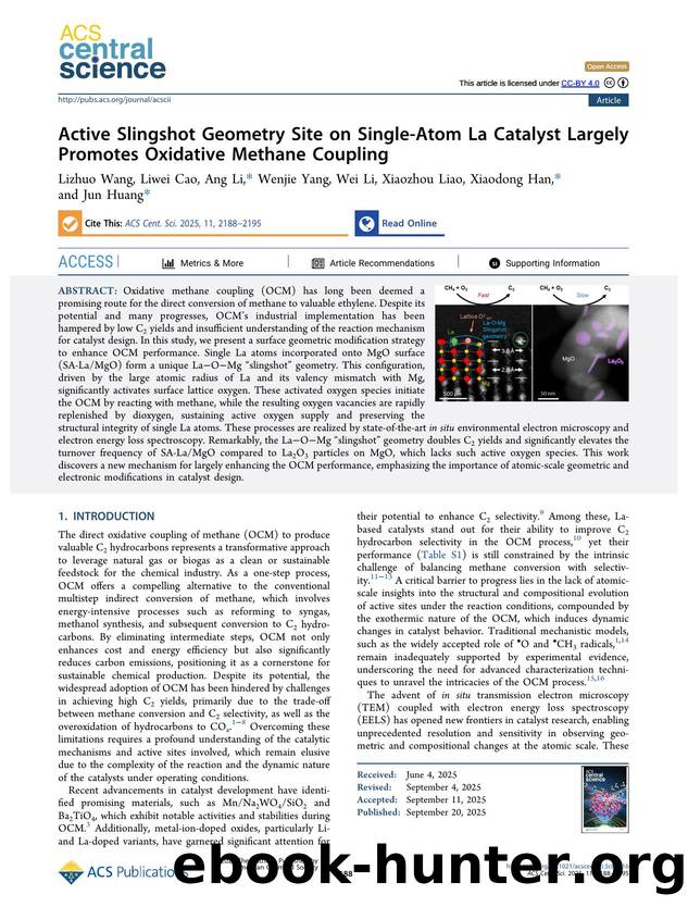Active Slingshot Geometry Site on Single-Atom La Catalyst Largely Promotes Oxidative Methane Coupling by Lizhuo Wang & Liwei Cao & Ang Li & Wenjie Yang & Wei Li & Xiaozhou Liao & Xiaodong Han & Jun Huang