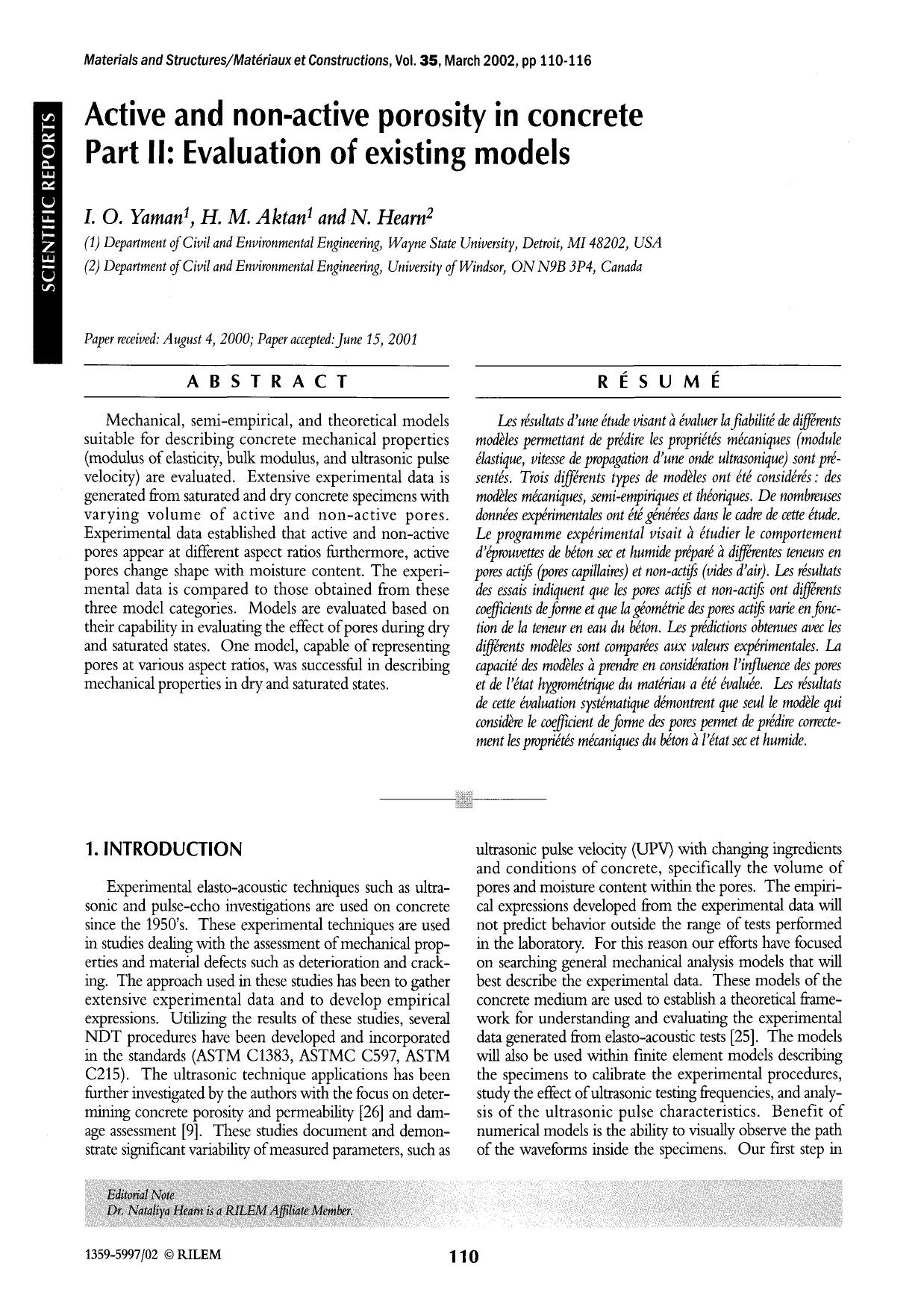 Active and non-active porosity in concrete Part II: Evaluation of existing models by Unknown