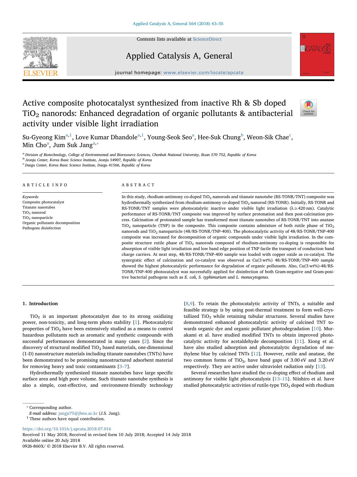 Active composite photocatalyst synthesized from inactive Rh ampamp; Sb doped TiO2 nanorods_ Enhanced degradation of organic pollutants ampamp; antibacterial activity under visible light irradiation by unknow
