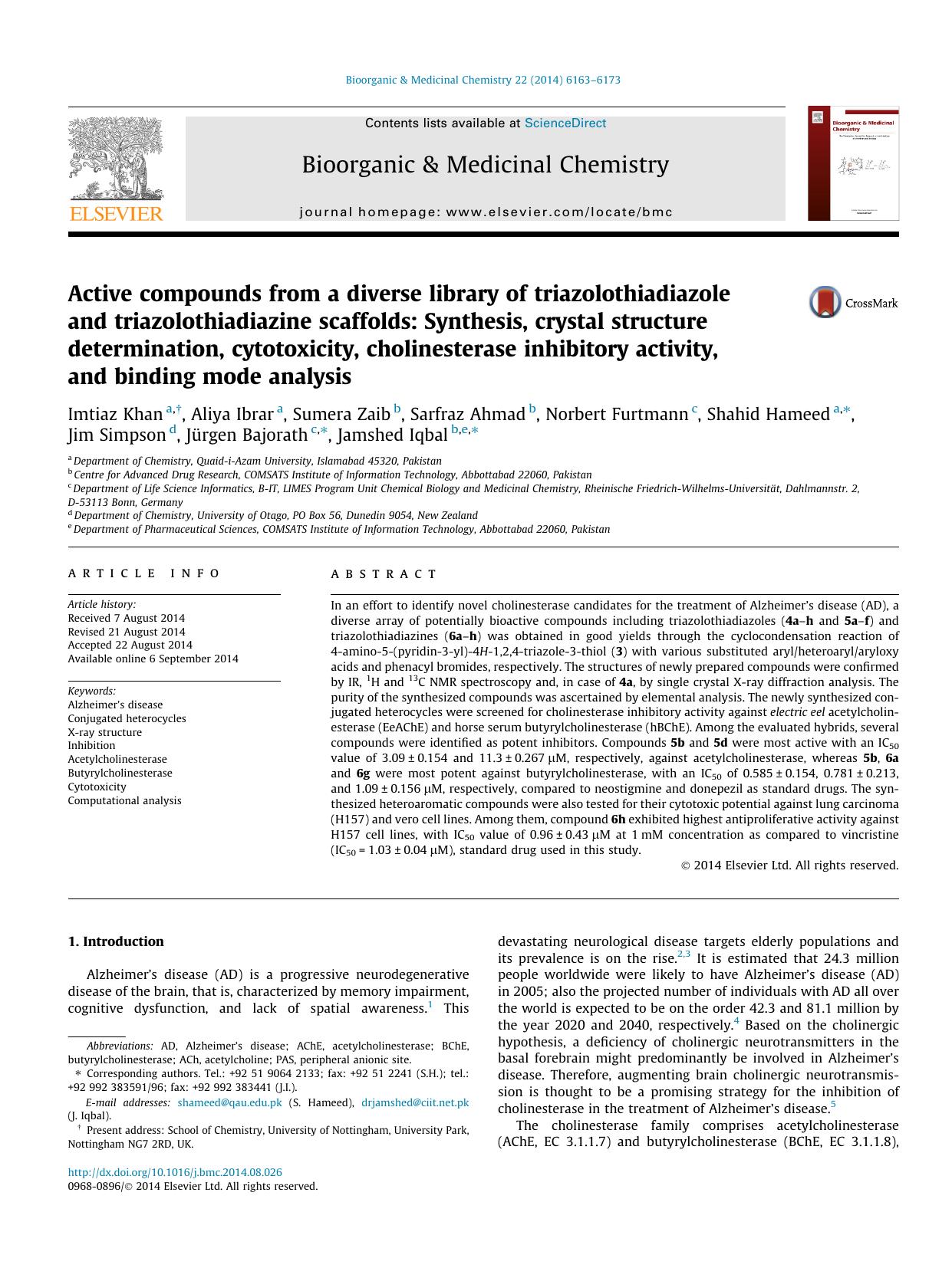 Active compounds from a diverse library of triazolothiadiazole and triazolothiadiazine scaffolds: Synthesis, crystal structure determination, cytotoxicity, cholinesterase inhibitor by unknow