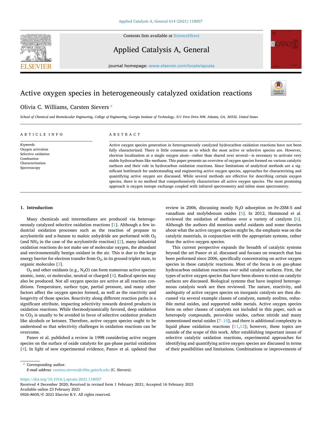 Active oxygen species in heterogeneously catalyzed oxidation reactions by Olivia C. Williams & Carsten Sievers