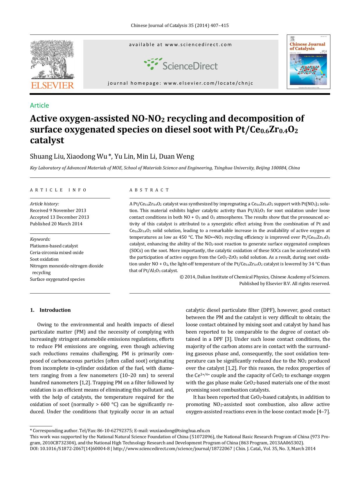 Active oxygen-assisted NO-NO2 recycling and decomposition of surface oxygenated species on diesel soot with PtCe0.6Zr0.4O2 catalyst by Shuang Liu & Xiaodong Wu & Yu Lin & Min Li & Duan Weng