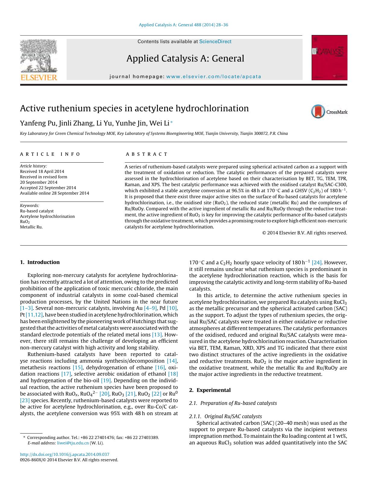 Active ruthenium species in acetylene hydrochlorination by Yanfeng Pu & Jinli Zhang & Li Yu & Yunhe Jin & Wei Li
