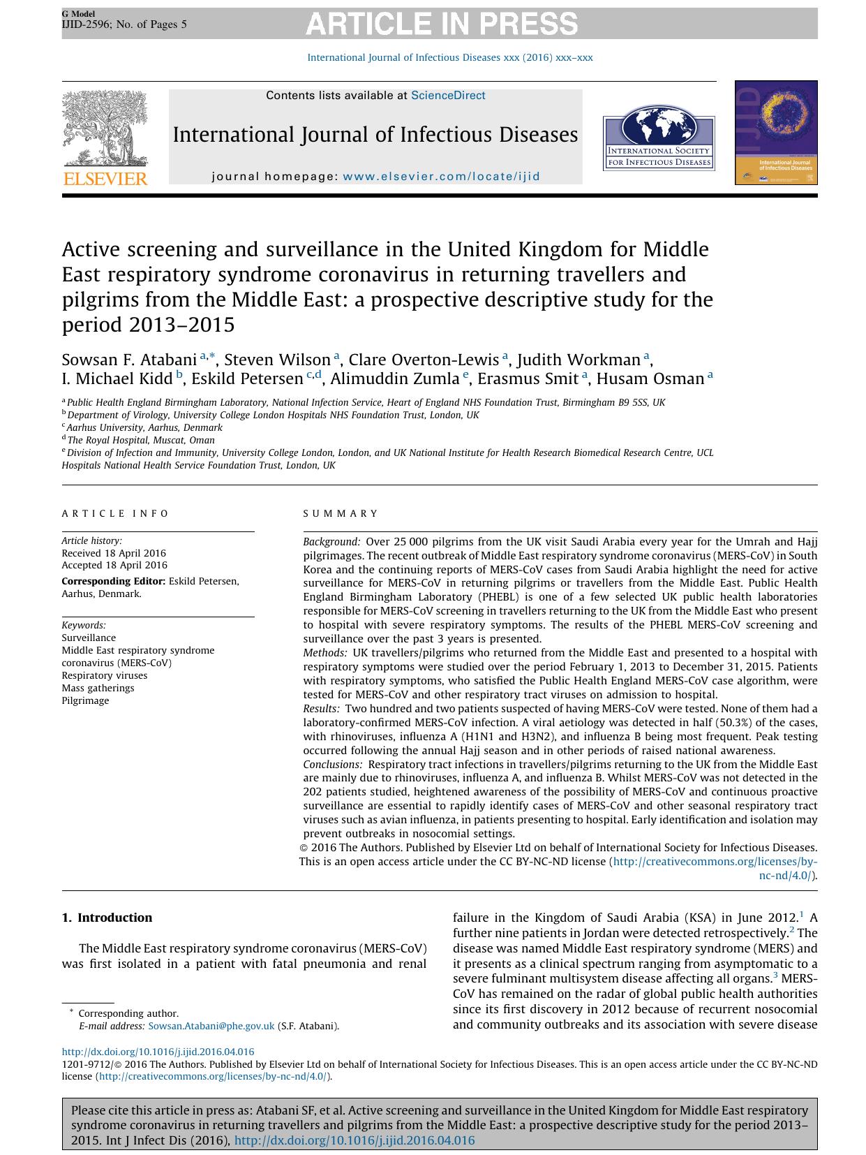 Active screening and surveillance in the United Kingdom for Middle East respiratory syndrome coronavirus in returning travellers and pilgrims from the Middle East: a prospective de by unknow