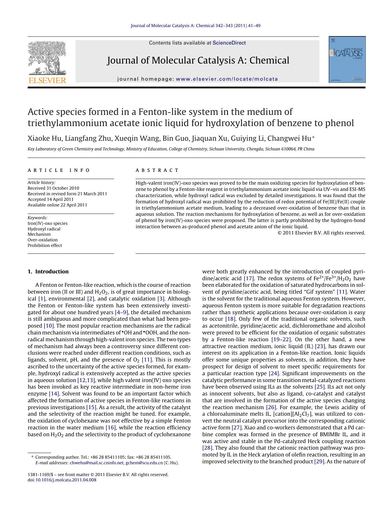 Active species formed in a Fenton-like system in the medium of triethylammonium acetate ionic liquid for hydroxylation of benzene to phenol by Xiaoke Hu