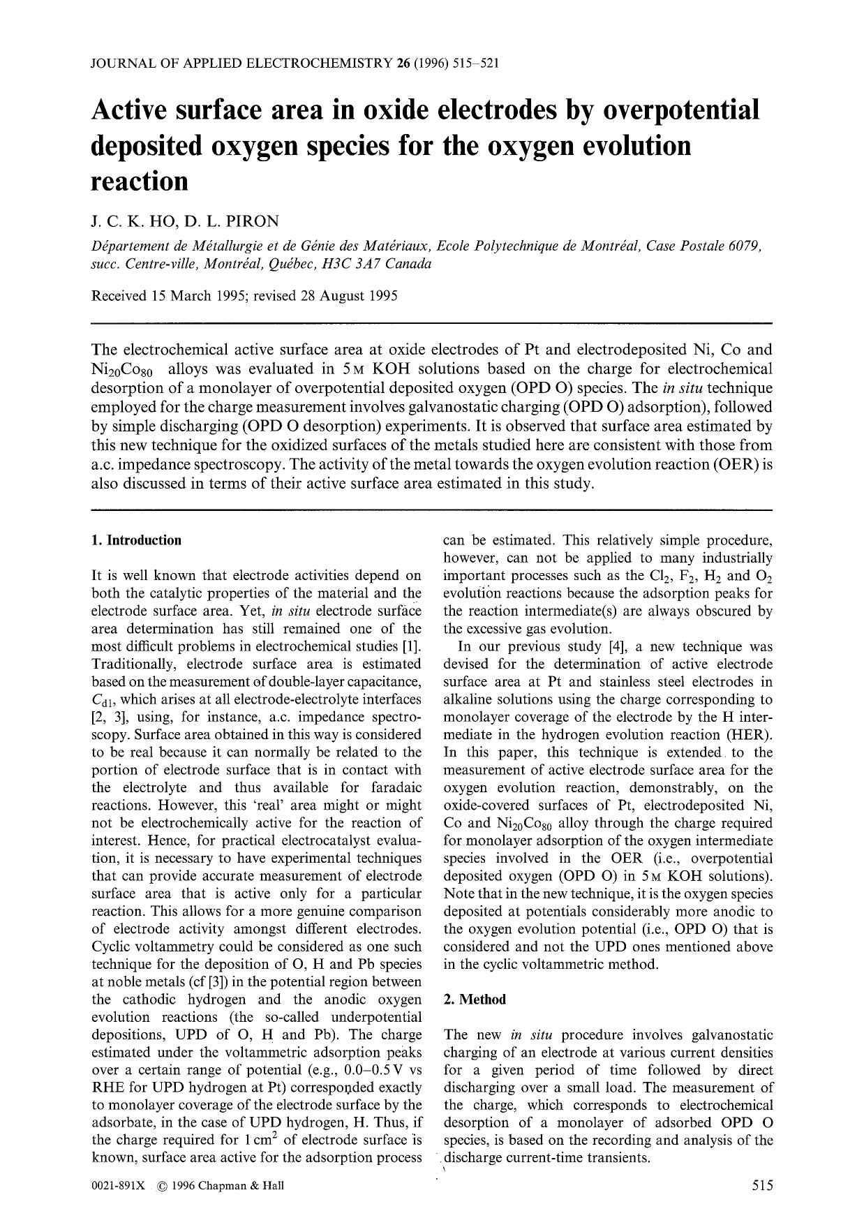 Active surface area in oxide electrodes by overpotential deposited oxygen species for the oxygen evolution reaction by Unknown