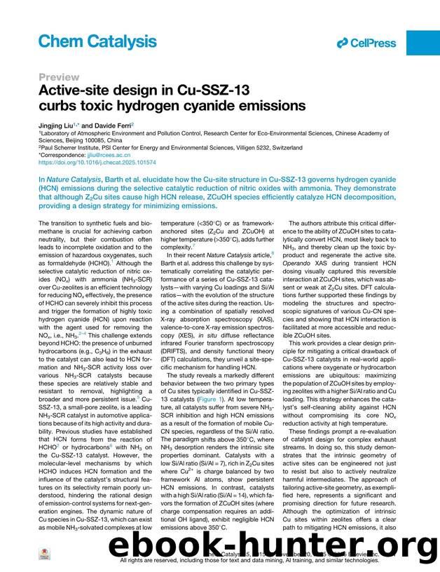 Active-site design in Cu-SSZ-13 curbs toxic hydrogen cyanide emissions by Jingjing Liu & Davide Ferri