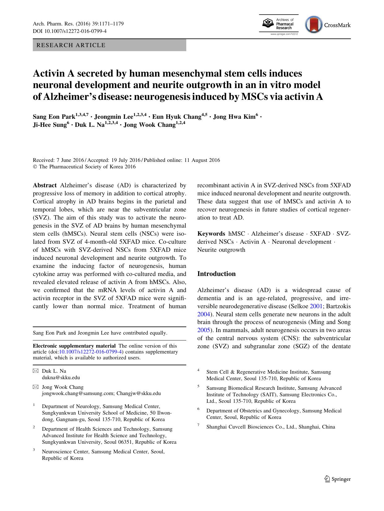 Activin A secreted by human mesenchymal stem cells induces neuronal development and neurite outgrowth in an in vitro model of Alzheimerâs disease: neurogenesis induced by MSCs via activin A by unknow