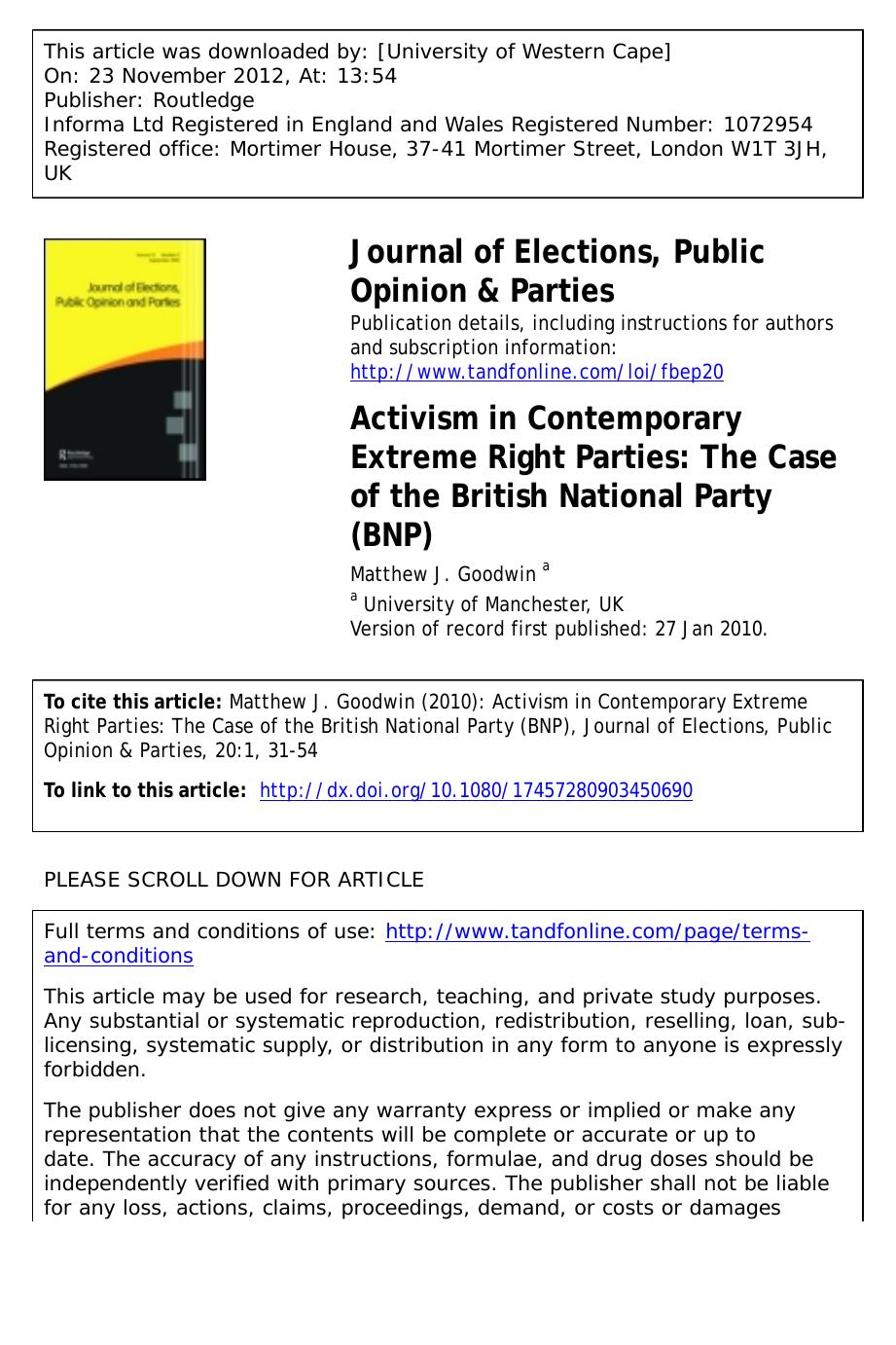 Activism in Contemporary Extreme Right Parties: The Case of the British National Party (BNP) by Matthew J. Goodwin