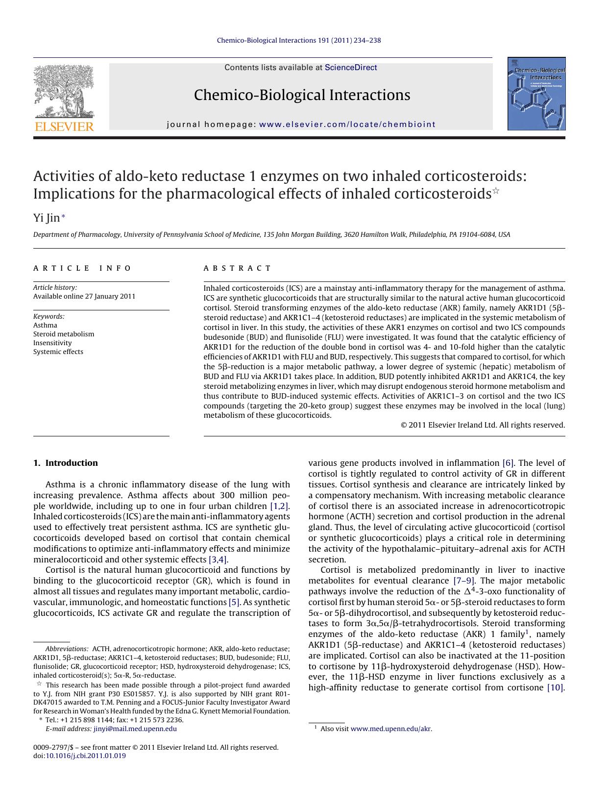 Activities of aldo-keto reductase 1 enzymes on two inhaled corticosteroids: Implications for the pharmacological effects of inhaled corticosteroids by Yi Jin