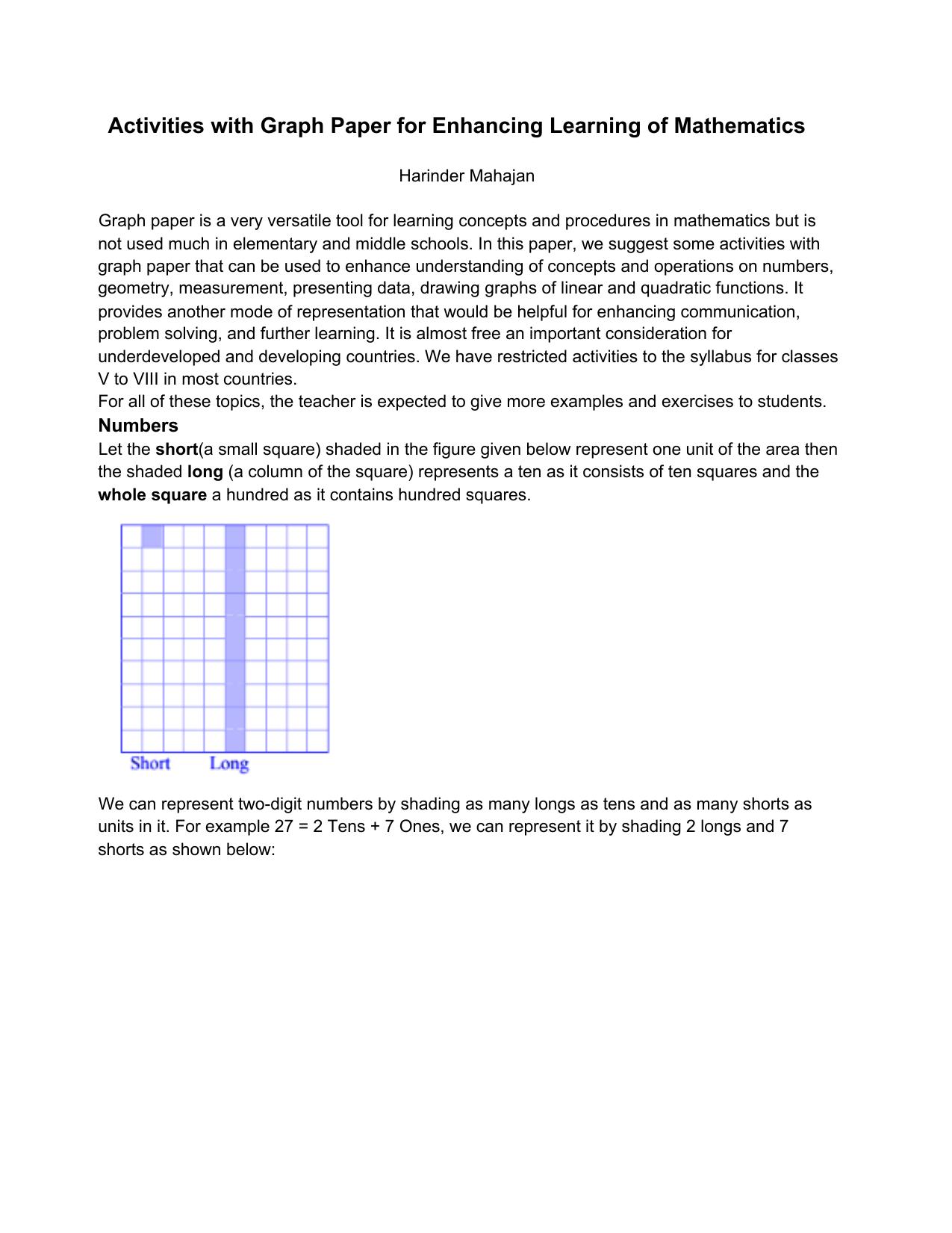 Activities with Graph Paper for Enhancing Learning of Mathematics by Unknown