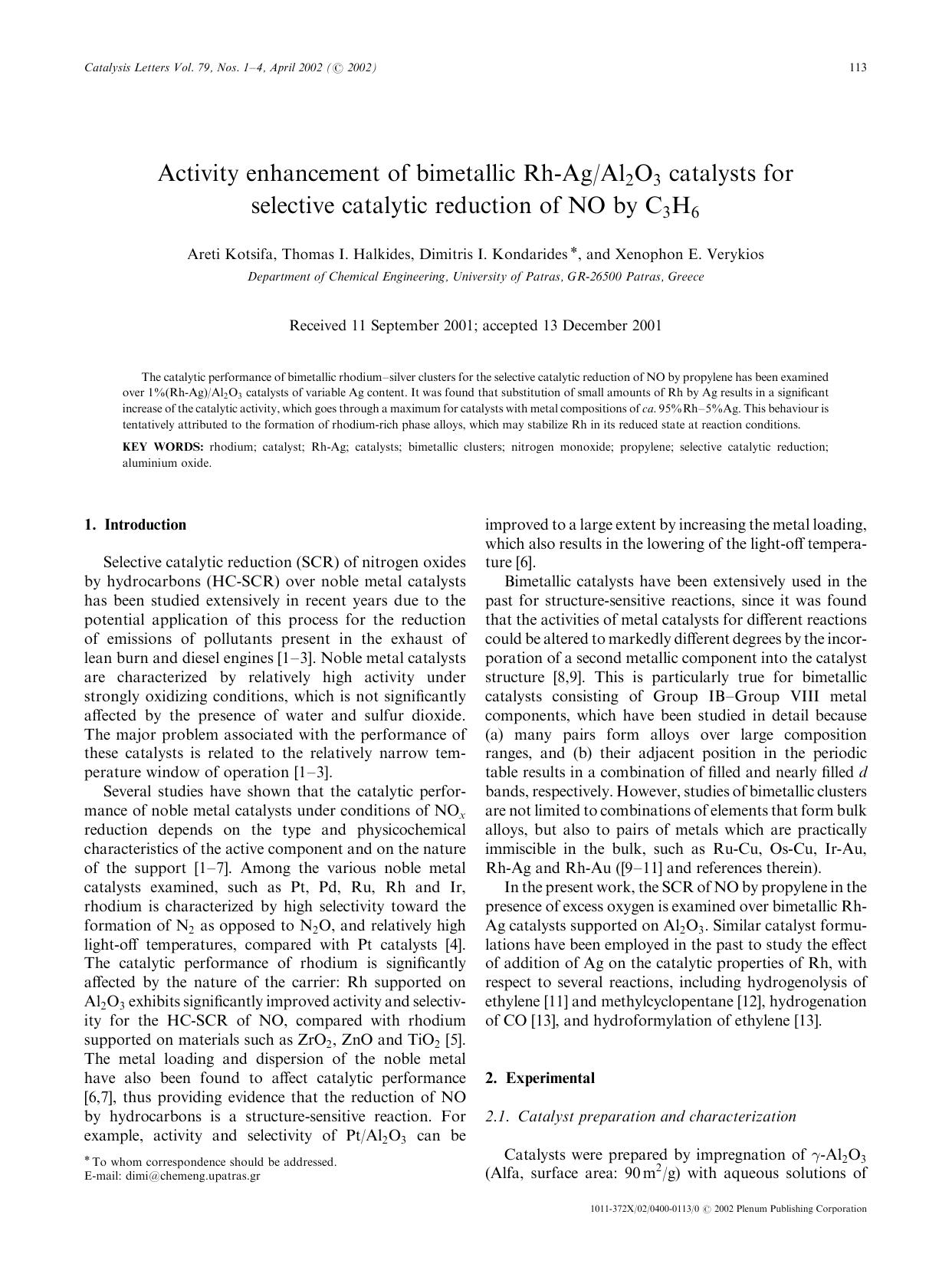 Activity Enhancement of Bimetallic Rh-AgAl<Subscript>2<Subscript>O<Subscript>3<Subscript> Catalysts for Selective Catalytic Reduction of NO by C<Subscript>3<Subscript>H<Subscript>6<Subscript> by Unknown