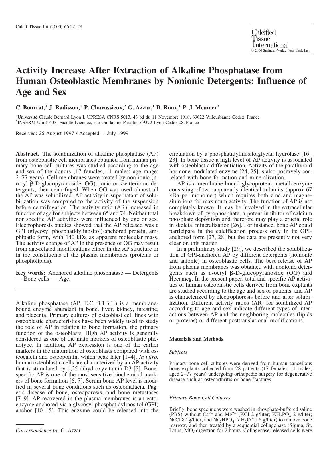 Activity Increase After Extraction of Alkaline Phosphatase from Human Osteoblastic Membranes by Nonionic Detergents: Influence of Age and Sex by Bourrat C. et al