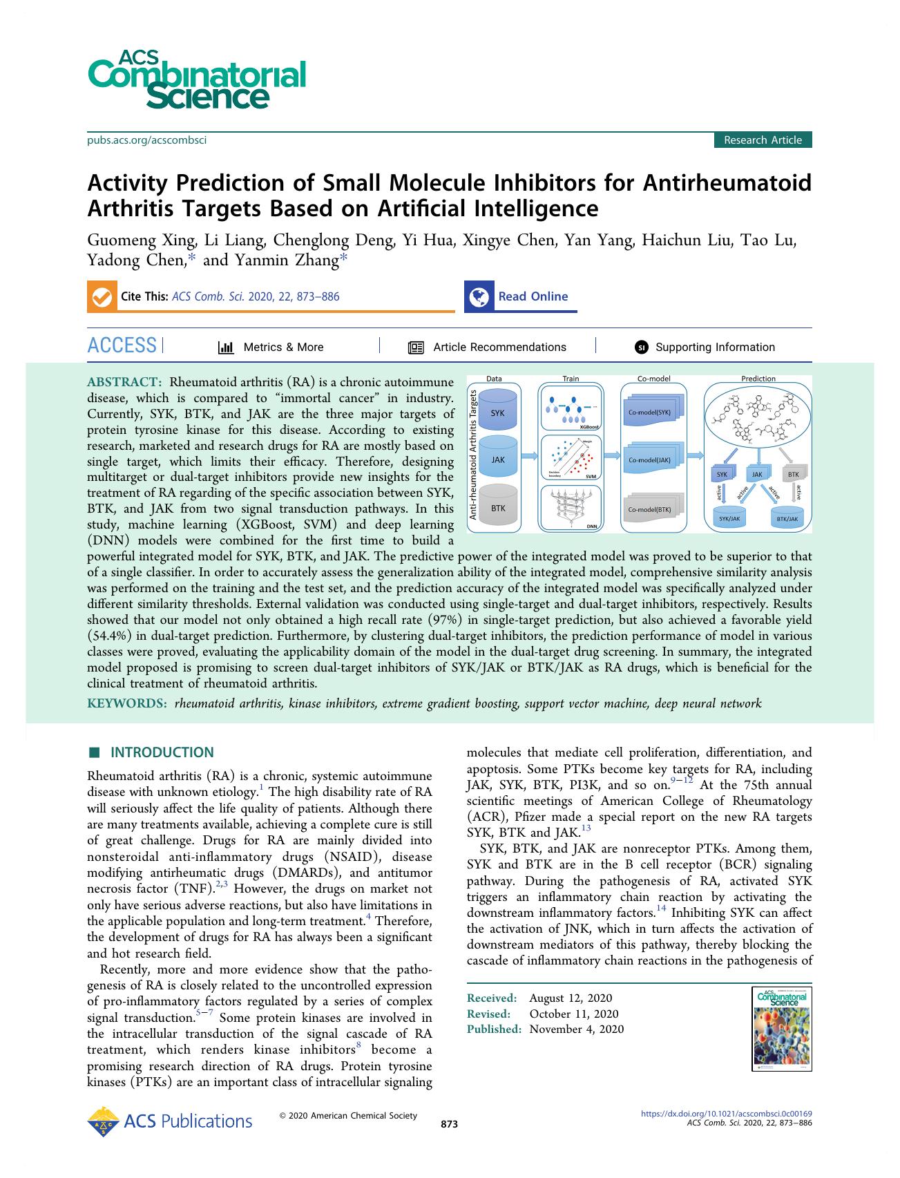 Activity Prediction of Small Molecule Inhibitors for Antirheumatoid Arthritis Targets Based on Artificial Intelligence by unknow