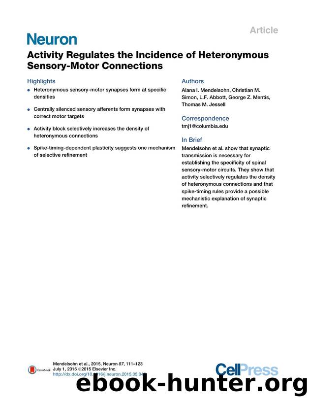 Activity Regulates the Incidence of Heteronymous Sensory-Motor Connections by Alana I. Mendelsohn & Christian M. Simon & L.F. Abbott & George Z. Mentis & Thomas M. Jessell