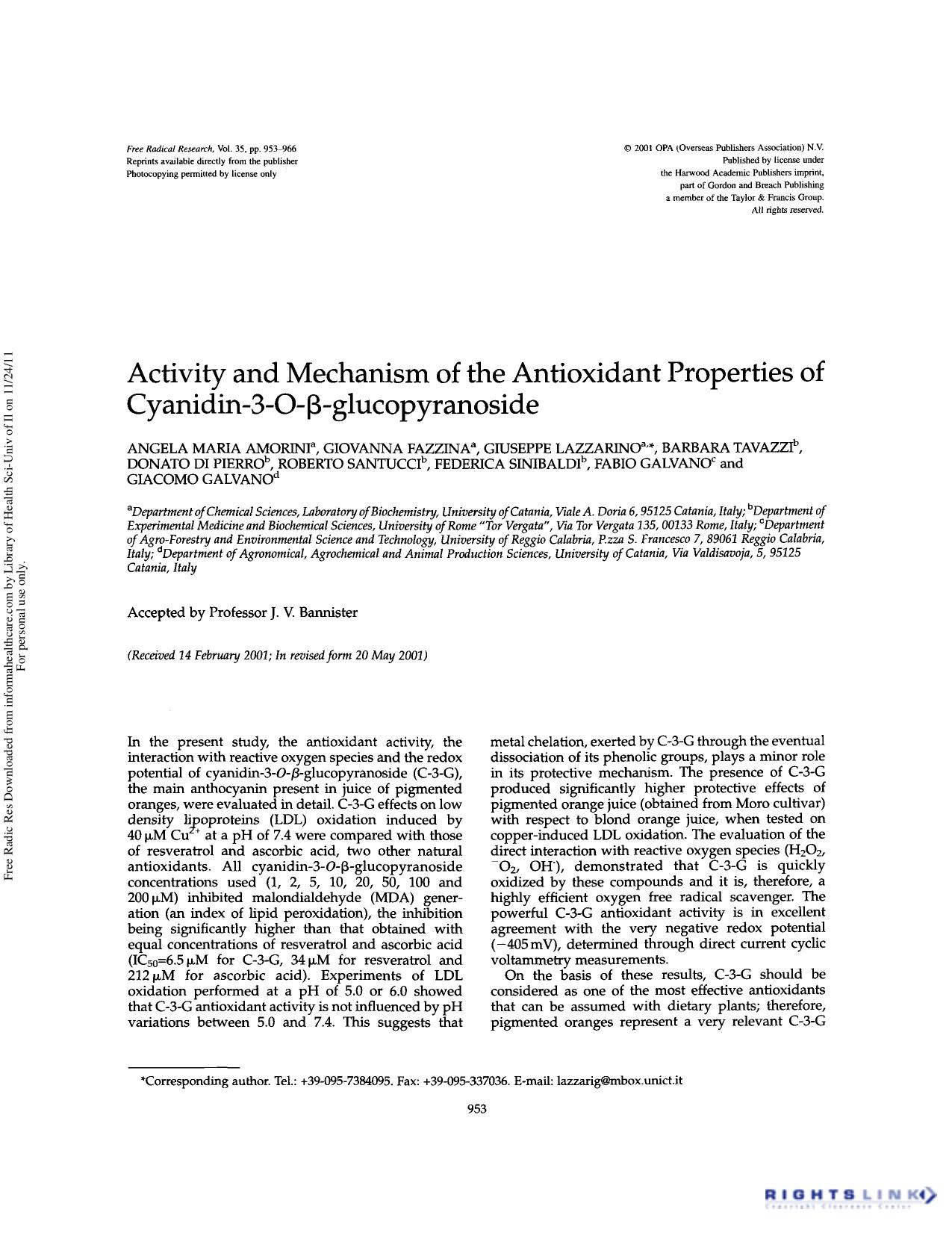 Activity and mechanism of the antioxidant properties of cyanidin-3-O-Î²-glucopyranoside by unknow
