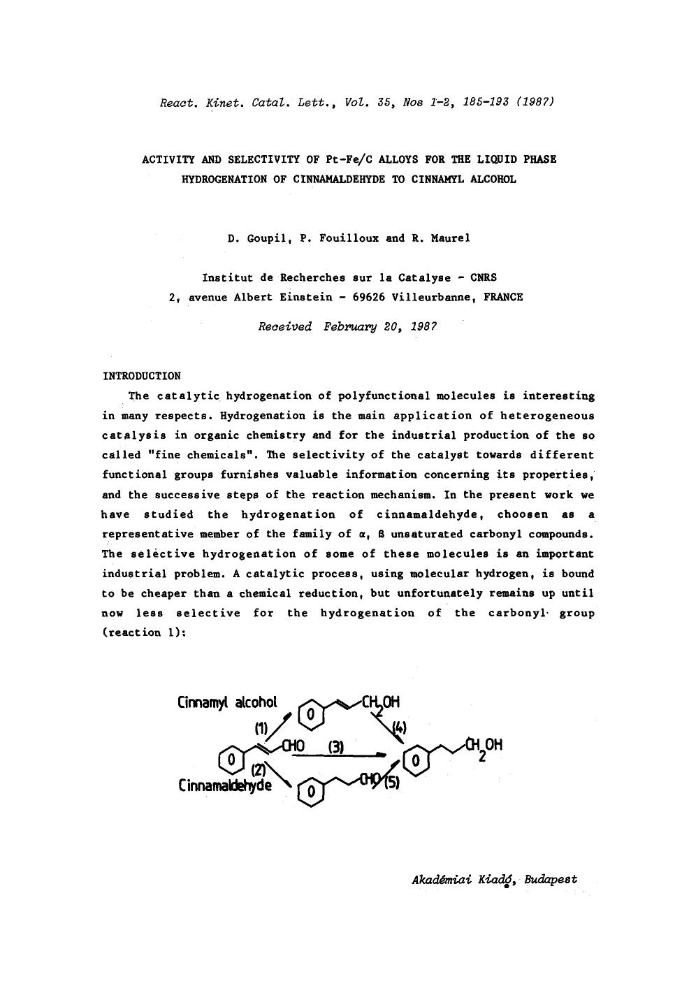 Activity and selectivity of Pt&#x2212;FeC alloys for the liquid phase hydrogenation of cinnamaldehyde to cinnamyl alcohol by Unknown