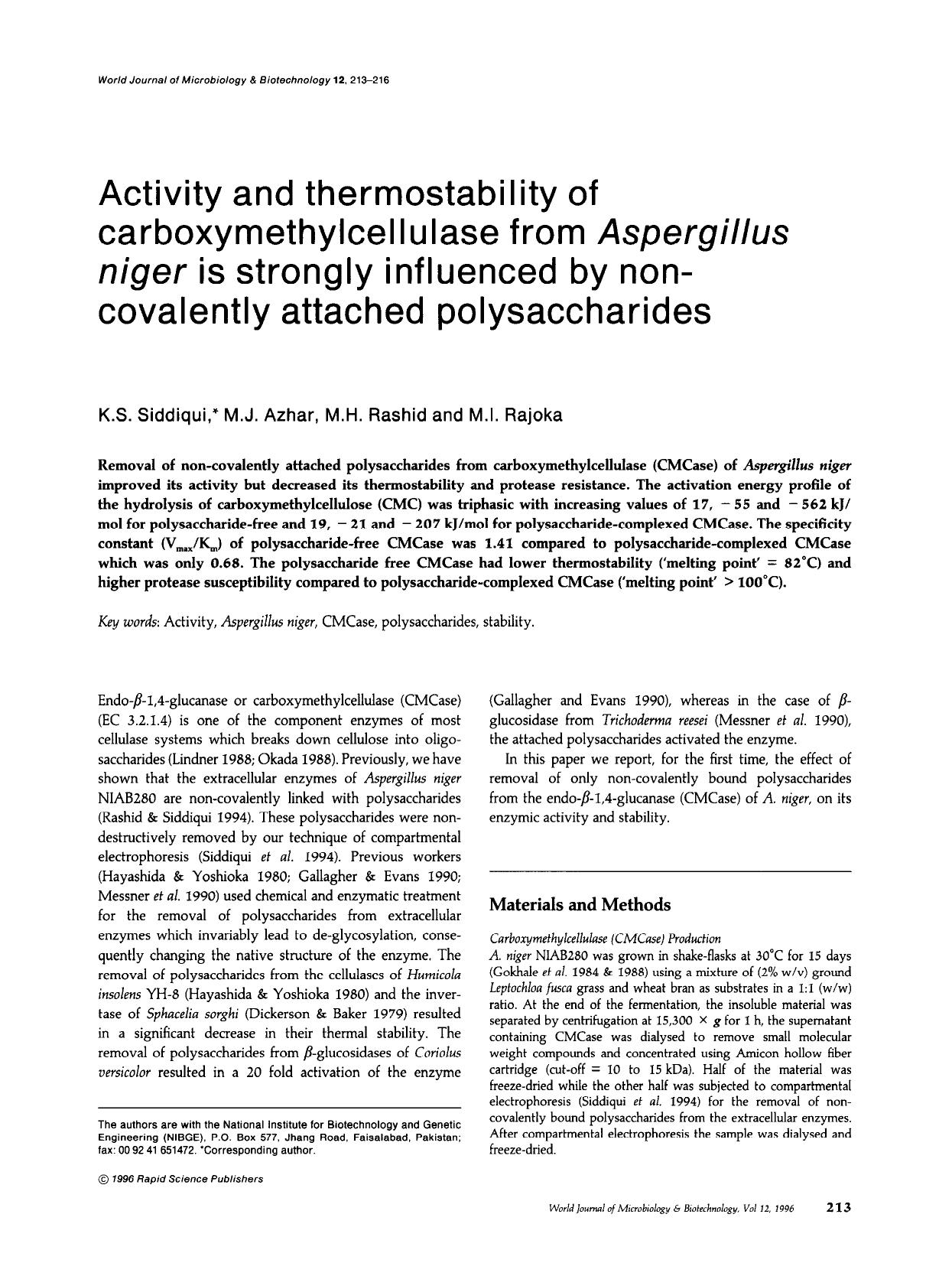 Activity and thermostability of carboxymethylcellulase from <Emphasis Type="Italic">Aspergillus niger<Emphasis> is strongly influenced by noncovalently attached polysaccharides by Unknown