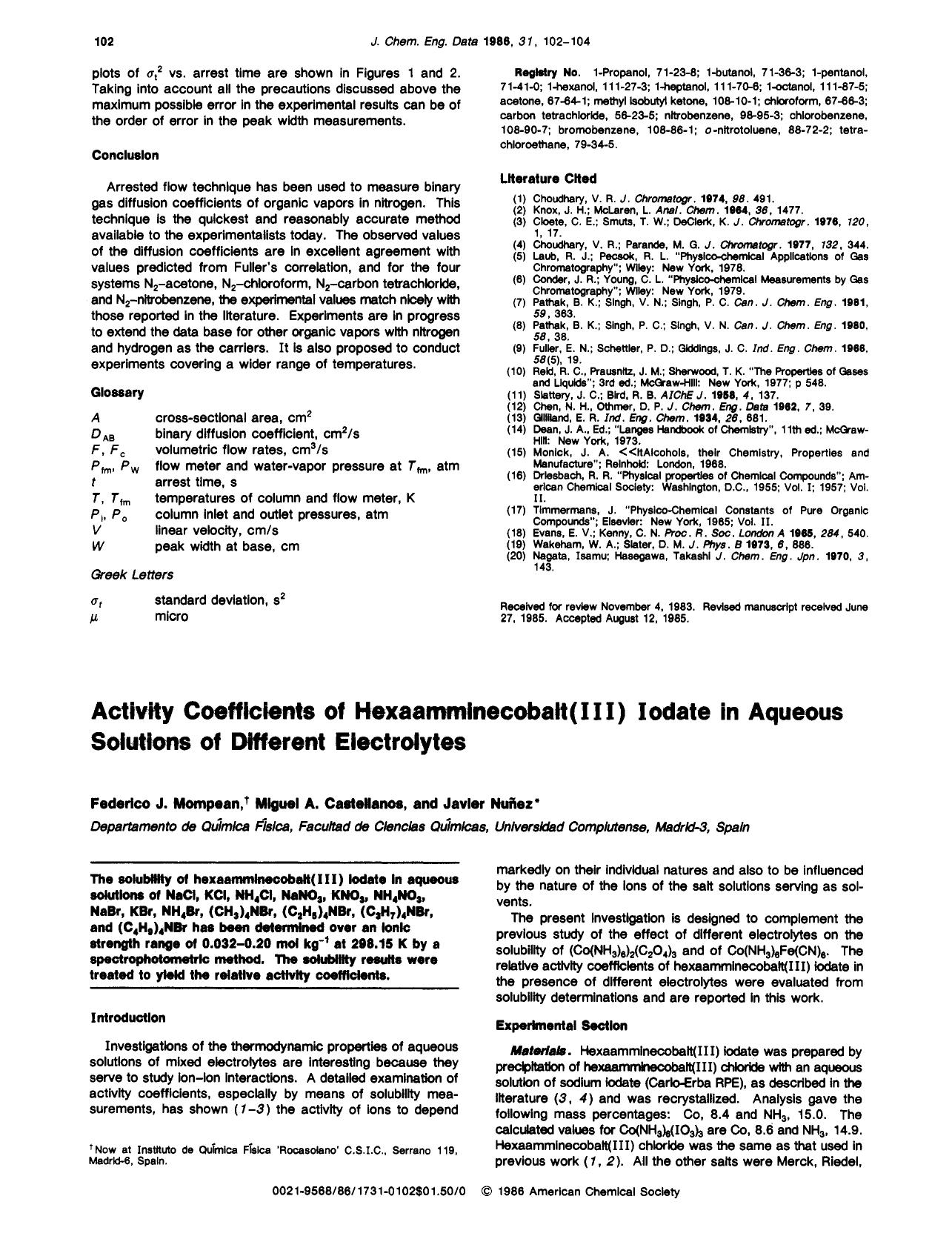 Activity coefficients of hexamminecobalt(III) iodate in aqueous solutions of different electrolytes by Federico J. Mompean Miguel A. Castellanos Javier Nunez
