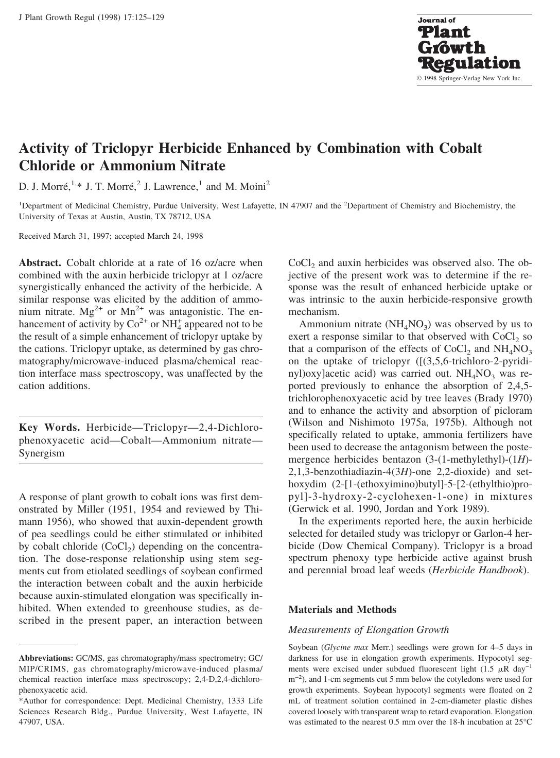 Activity of Triclopyr Herbicide Enhanced by Combination with Cobalt Chloride or Ammonium Nitrate by Morre D. et al