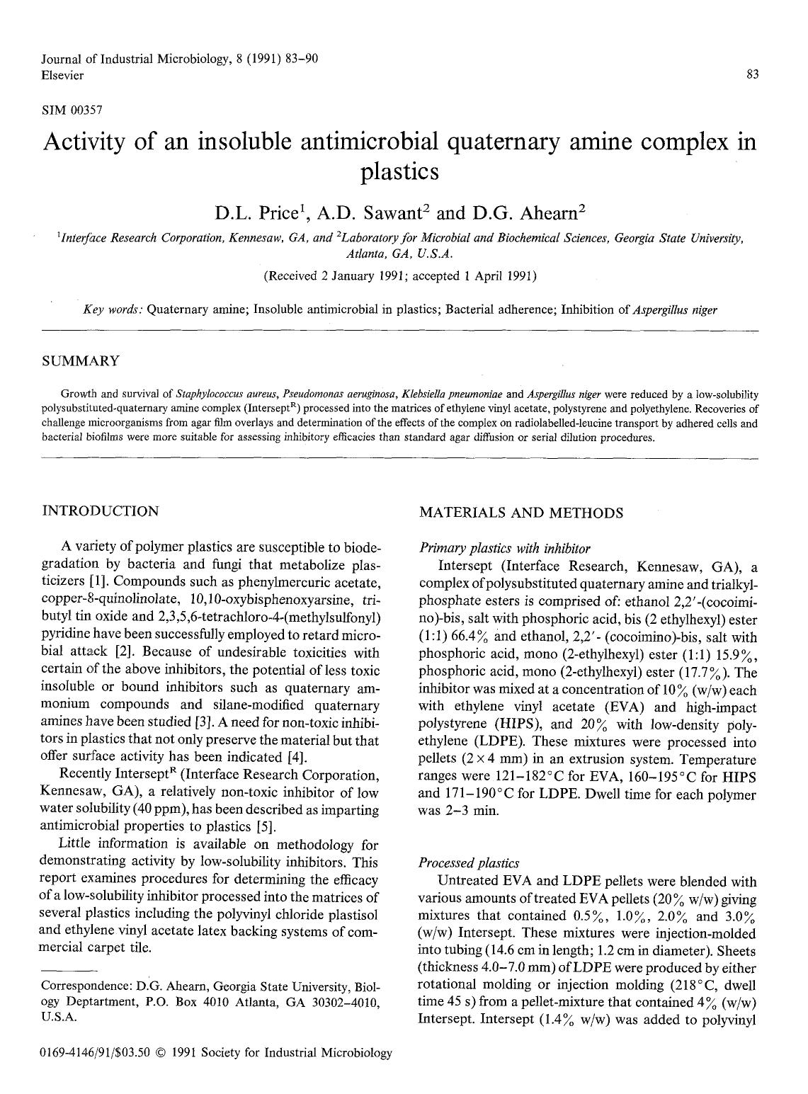 Activity of an insoluble antimicrobial quaternary amine complex in plastics by Unknown