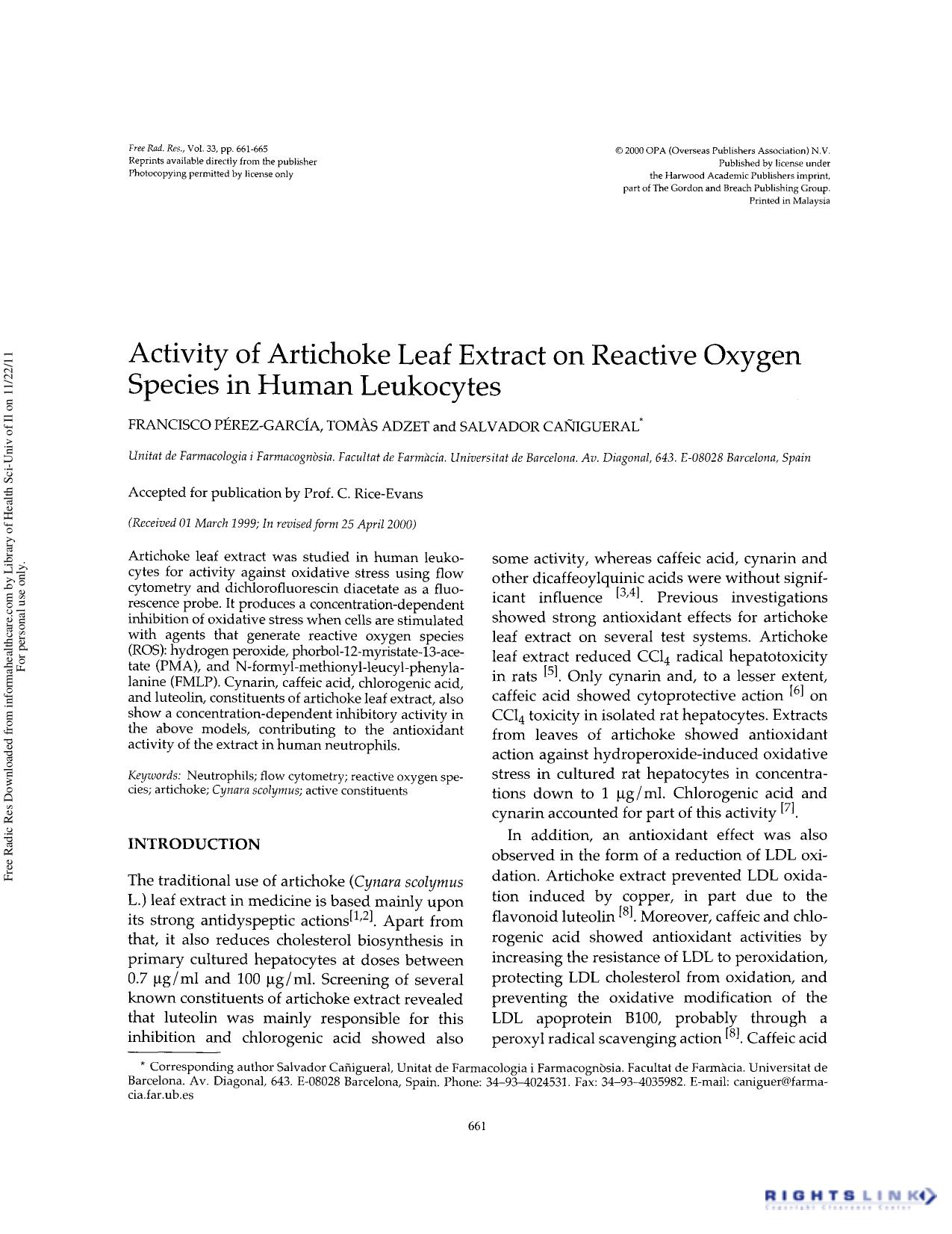 Activity of artichoke leaf extract on reactive oxygen species in human leukocytes by Francisco Pérez-García Tomàs Adzet & Salvador Cañigueral