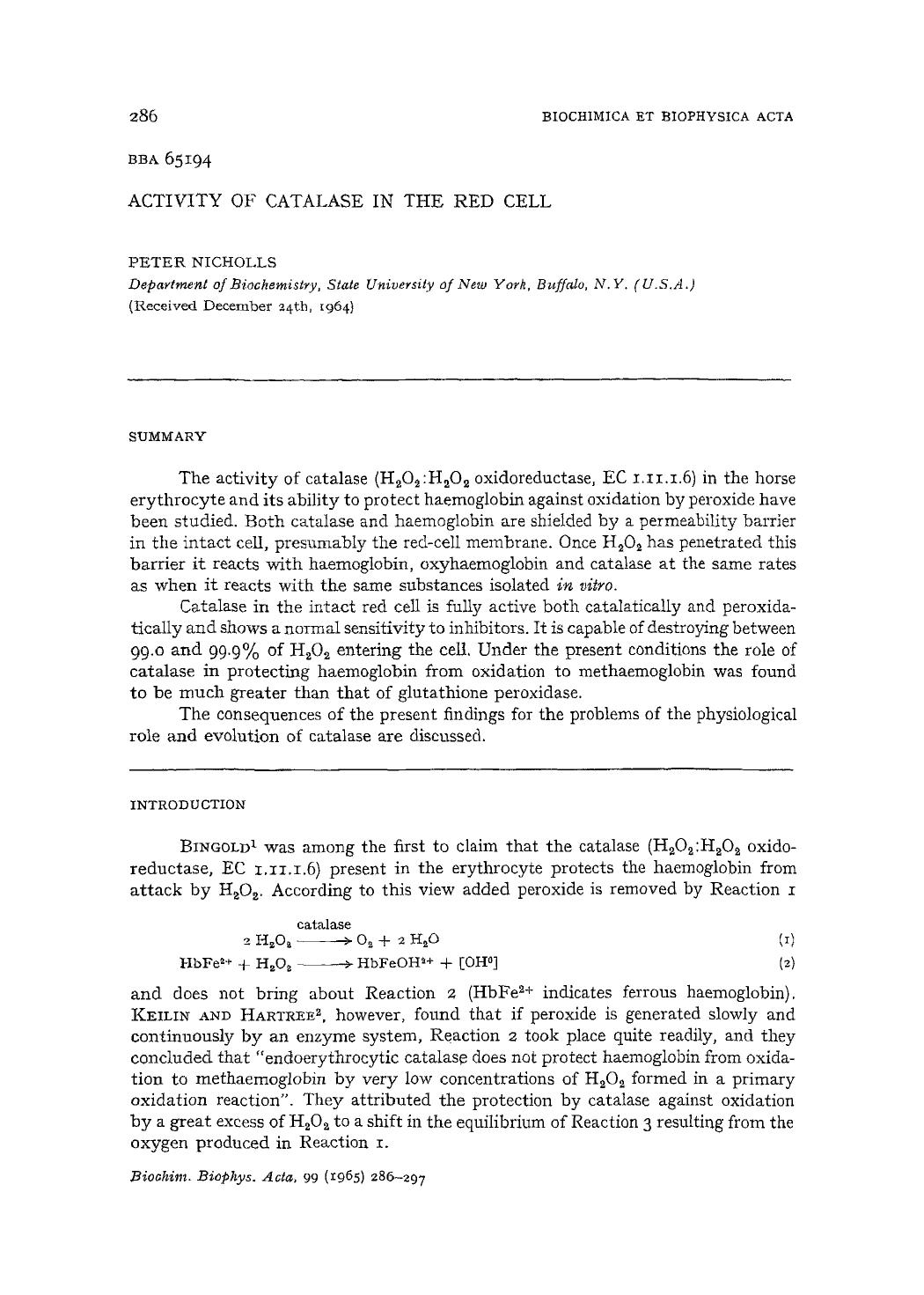 Activity of catalase in the red cell by Peter Nicholls