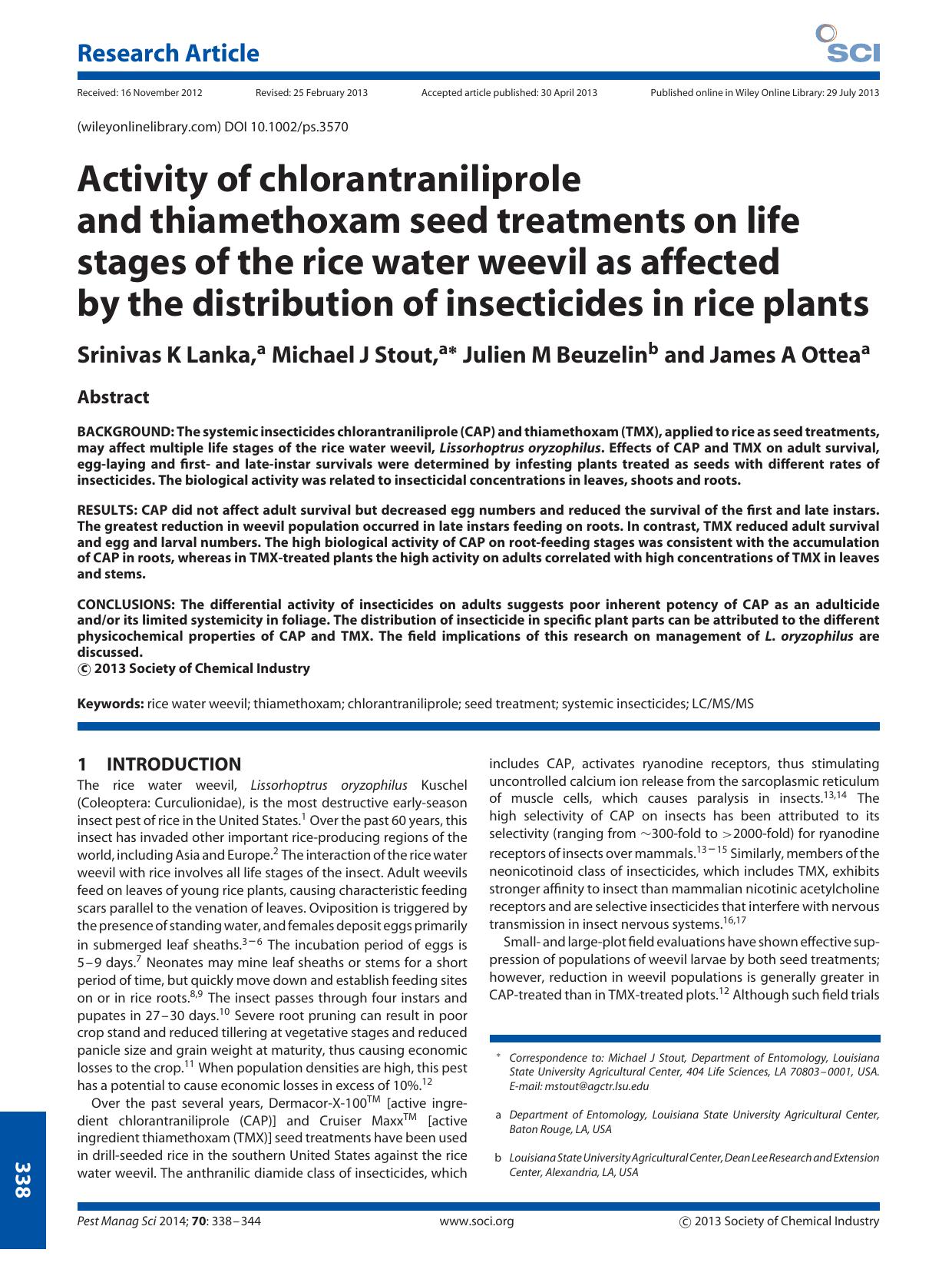 Activity of chlorantraniliprole and thiamethoxam seed treatments on life stages of the rice water weevil as affected by the distribution of insecticides in rice plants by Unknown