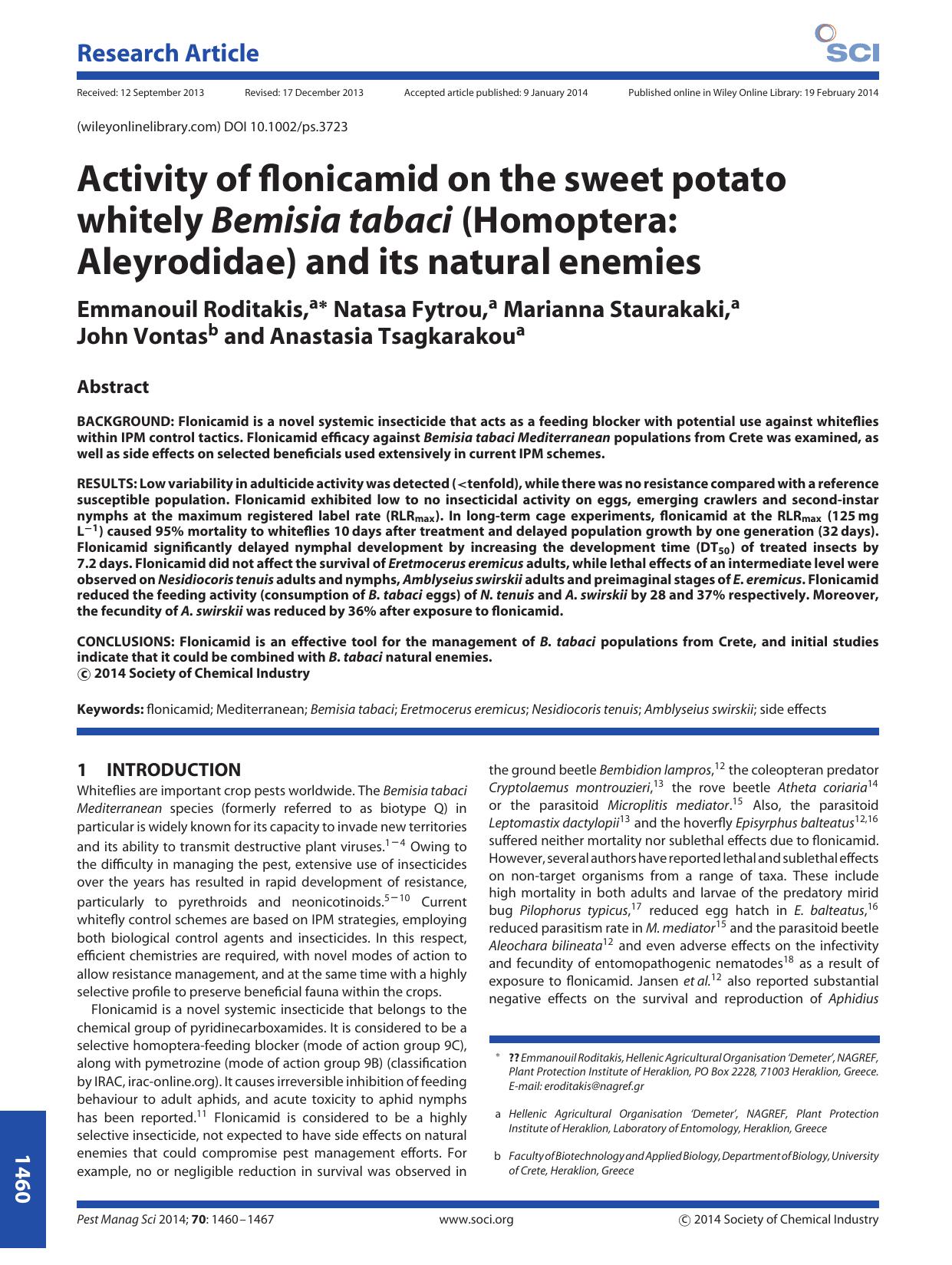 Activity of flonicamid on the sweet potato whitely Bemisia tabaci (Homoptera: Aleyrodidae) and its natural enemies by Unknown
