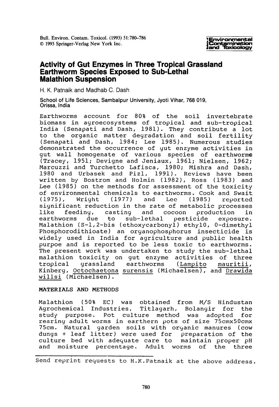 Activity of gut enzymes in three tropical grassland earthworm species exposed to sub-lethal malathion suspension by Unknown