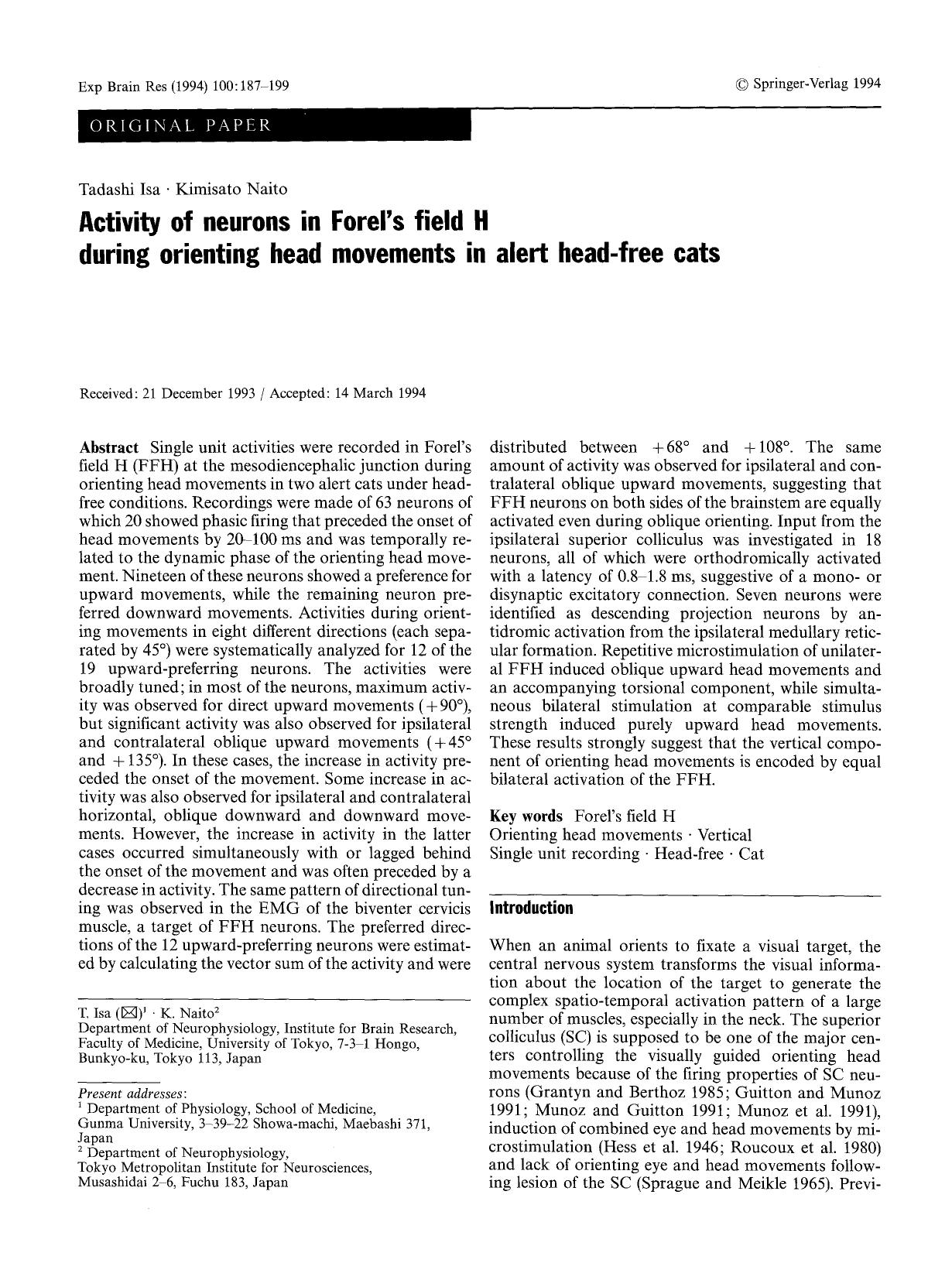 Activity of neurons in Forel's field H during orienting head movements in alert head-free cats by Unknown