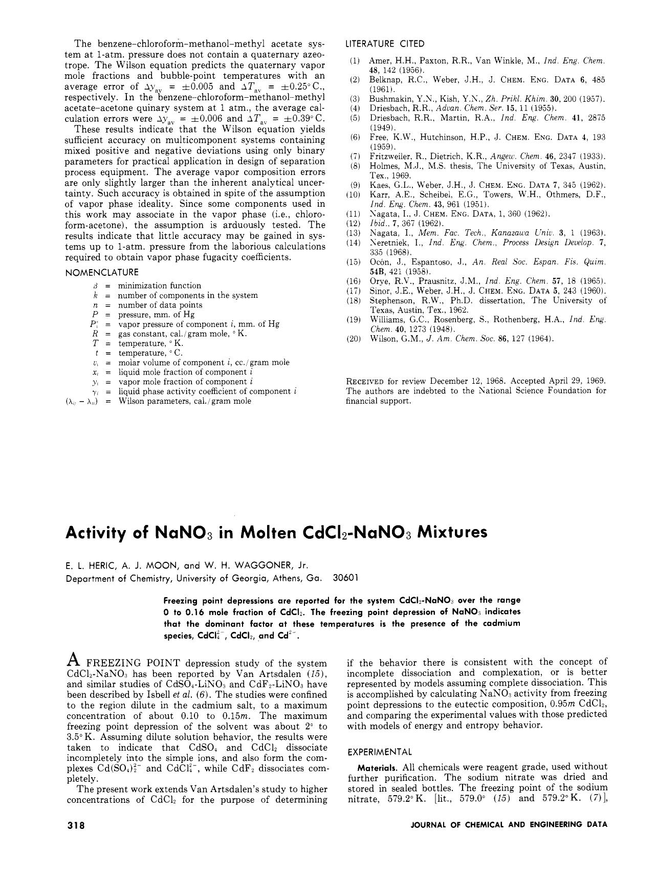 Activity of sodium nitrate in molten cadmium chloride-sodium nitrate mixtures by Eugene L. Heric A. J. Moon W. H. Waggoner Jr