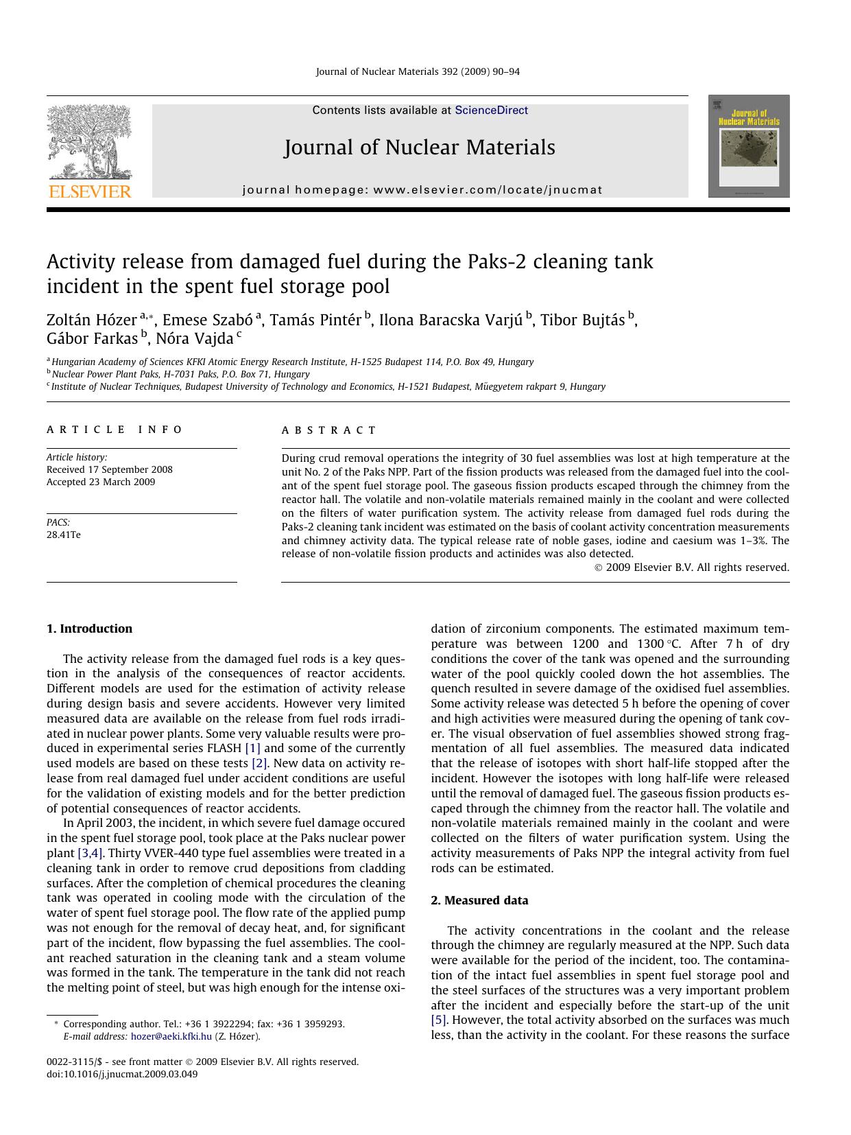 Activity release from damaged fuel during the Paks-2 cleaning tank incident in the spent fuel storage pool by unknow