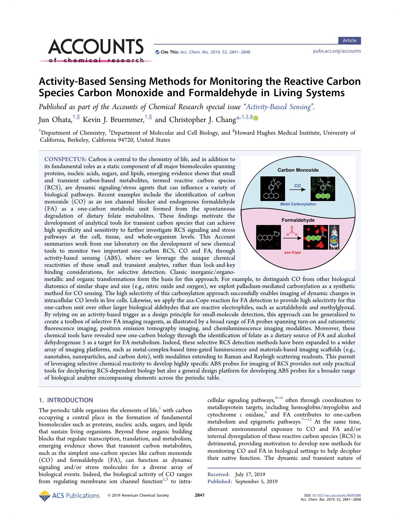 Activity-Based Sensing Methods for Monitoring the Reactive Carbon Species Carbon Monoxide and Formaldehyde in Living Systems by Jun Ohata; Kevin J. Bruemmer; Christopher J. Chang & Kevin J. Bruemmer & Christopher J. Chang