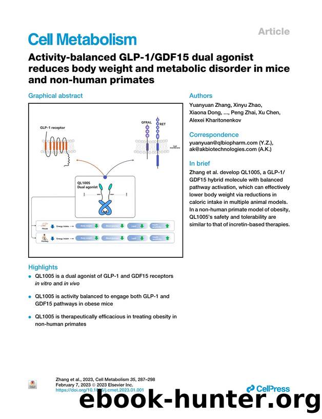 Activity-balanced GLP-1GDF15 dual agonist reduces body weight and metabolic disorder in mice and non-human primates by unknow