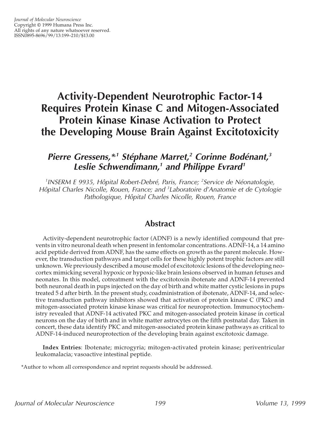 Activity-dependent neurotrophic factor-14 requires protein kinase C and mitogen-associated protein kinase kinase activation to protect the developing mouse brain against excitotoxicity by Unknown
