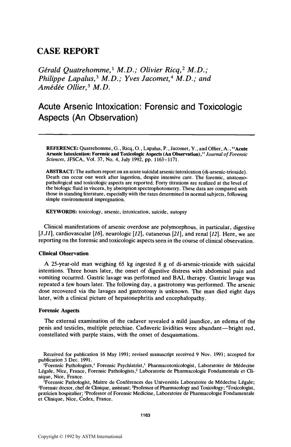 Acute Arsenic Intoxication: Forensic and Toxicologic Aspects (An Observation) by Quatrehomme G Ricq O Lapalus P Jacomet Y Ollier A