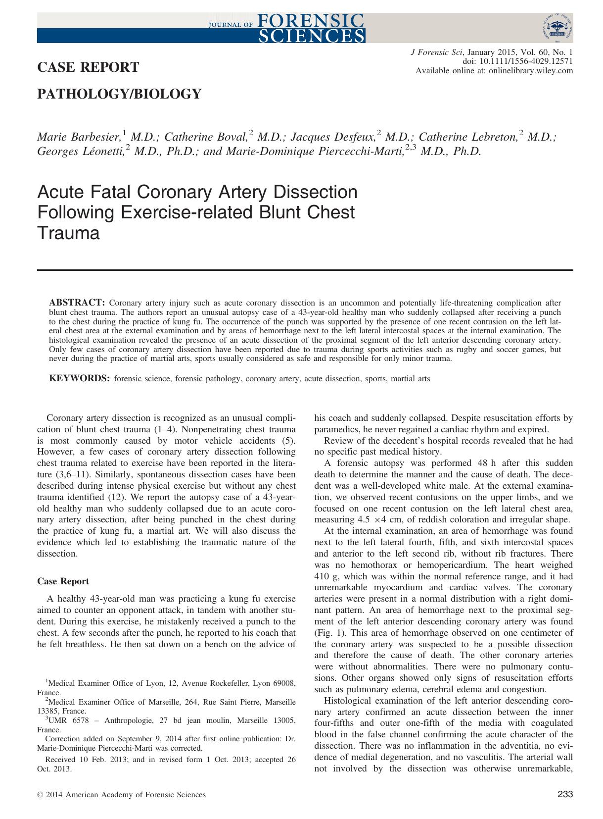 Acute Fatal Coronary Artery Dissection Following Exercise‐related Blunt Chest Trauma by Unknown