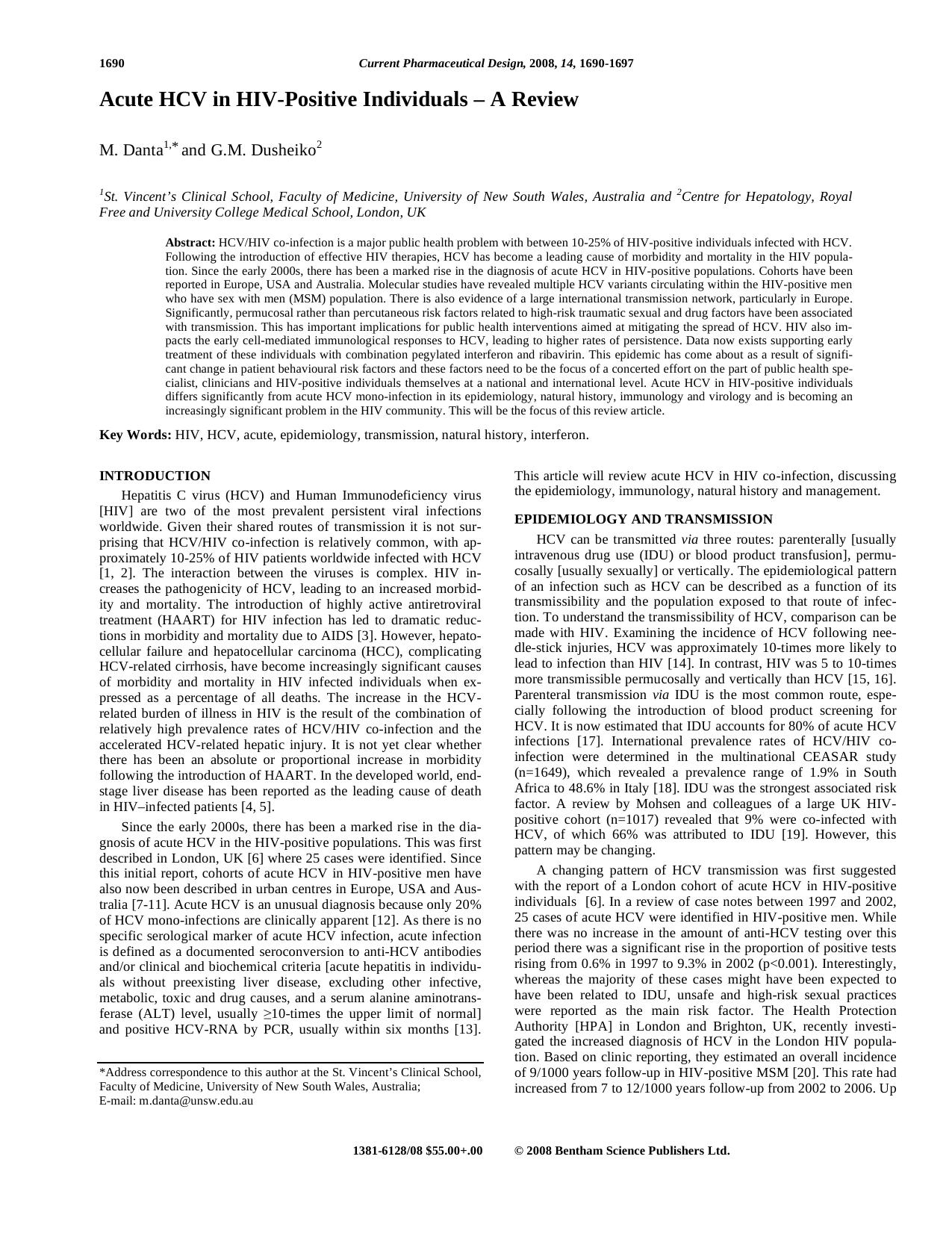 Acute HCV in HIV-Positive Individuals - A Review by M. Danta ; G. M. Dusheiko
