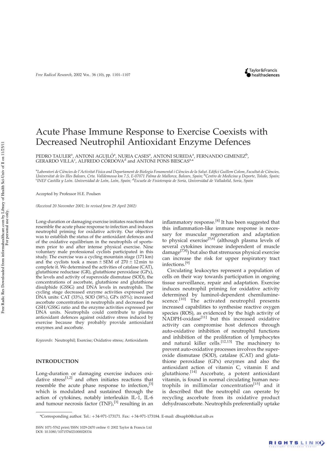 Acute Phase Immune Response to Exercise Coexists with Decreased Neutrophil Antioxidant Enzyme Defences by unknow