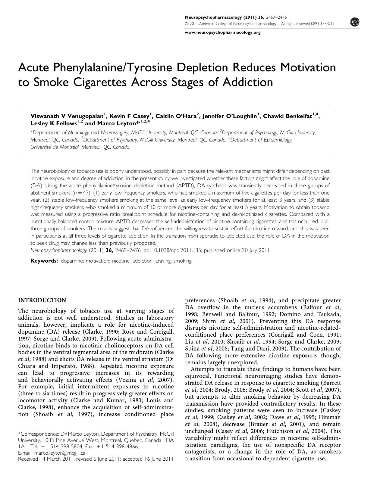 Acute Phenylalanine&sol;Tyrosine Depletion Reduces Motivation to Smoke Cigarettes Across Stages of Addiction by unknow