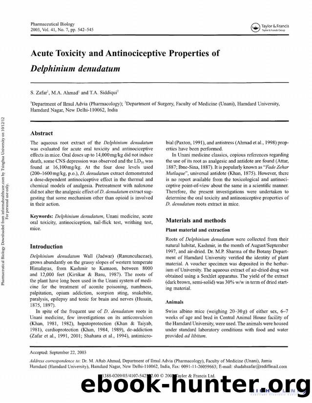 Acute Toxicity and Antinociceptive Properties of Delphinium denudatum by S. Zafar Dr.M. A. Ahmad & T. A. Siddiqui