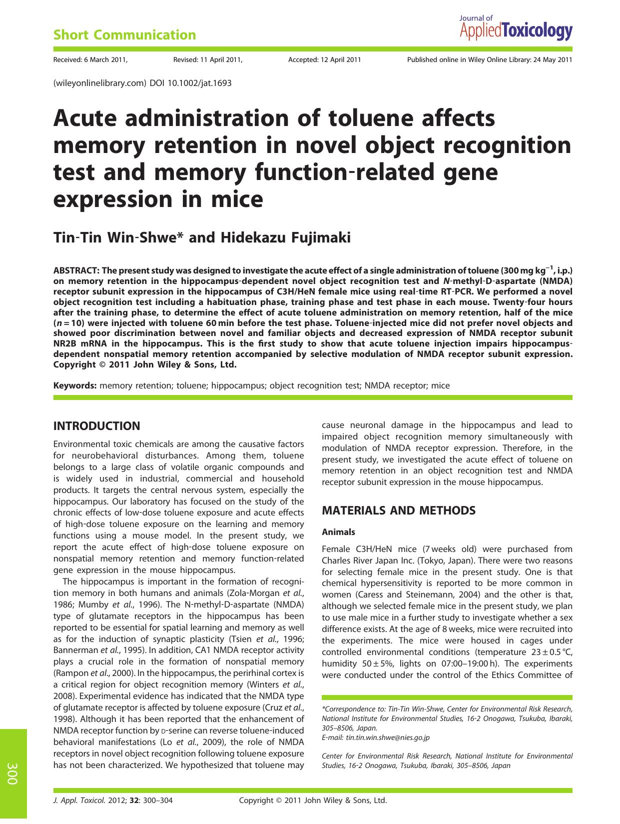 Acute administration of toluene affects memory retention in novel object recognition test and memory functionrelated gene expression in mice by Unknown