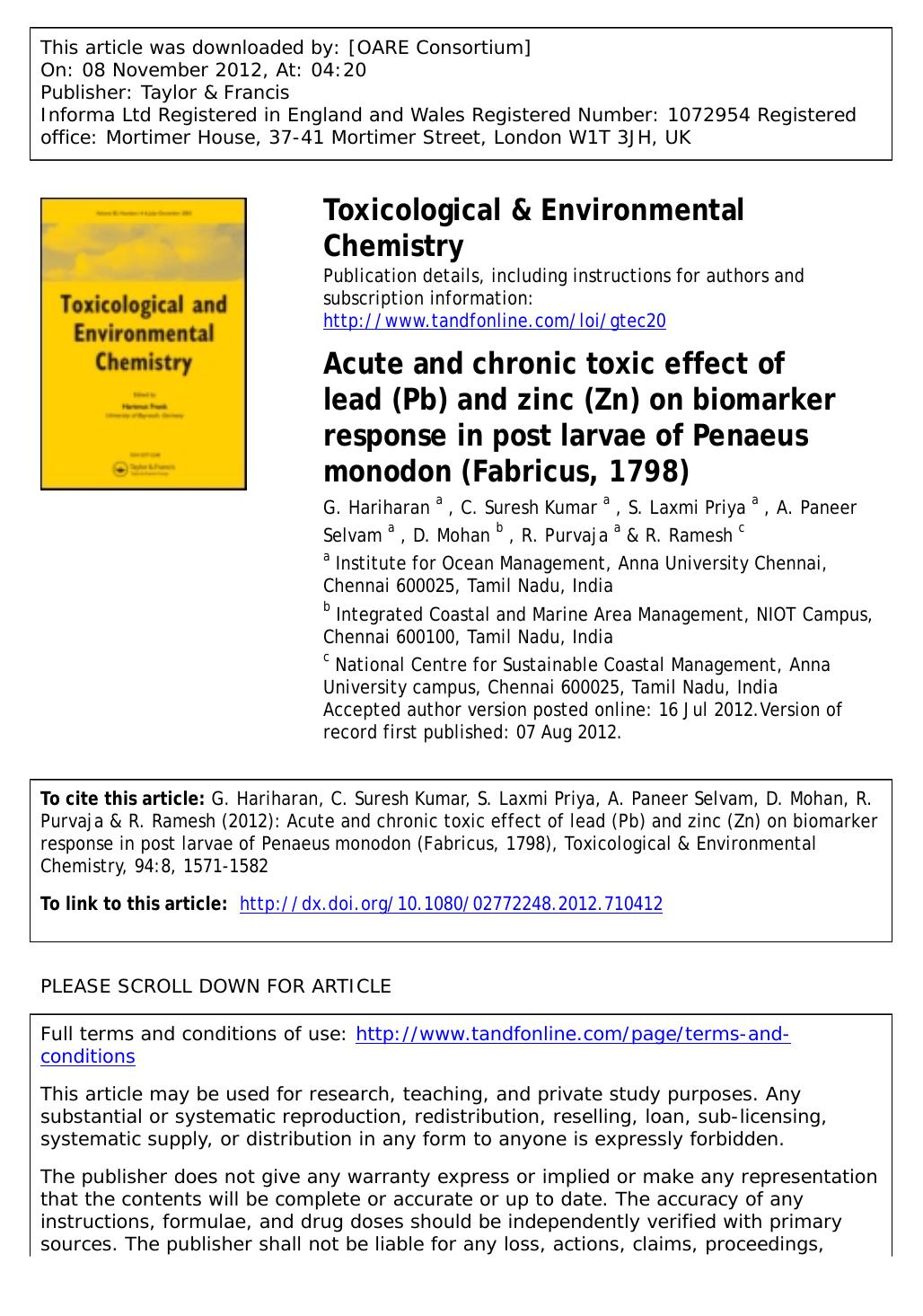 Acute and chronic toxic effect of lead (Pb) and zinc (Zn) on biomarker response in post larvae of Penaeus monodon (Fabricus, 1798) by G. Hariharan C. Suresh Kumar S. Laxmi Priya A. Paneer Selvam D. Mohan R. Purvaja & R. Ramesh
