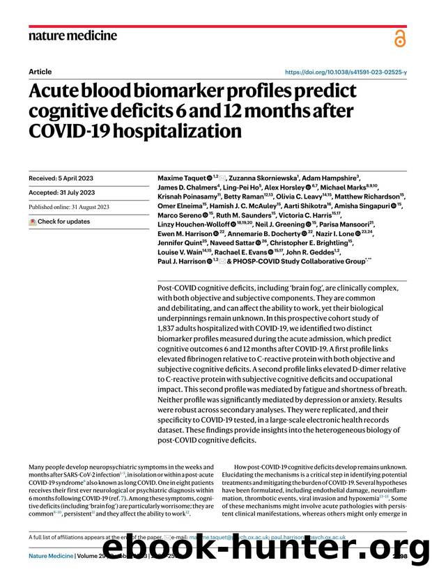 Acute blood biomarker profiles predict cognitive deficits 6 and 12 months after COVID-19 hospitalization by unknow