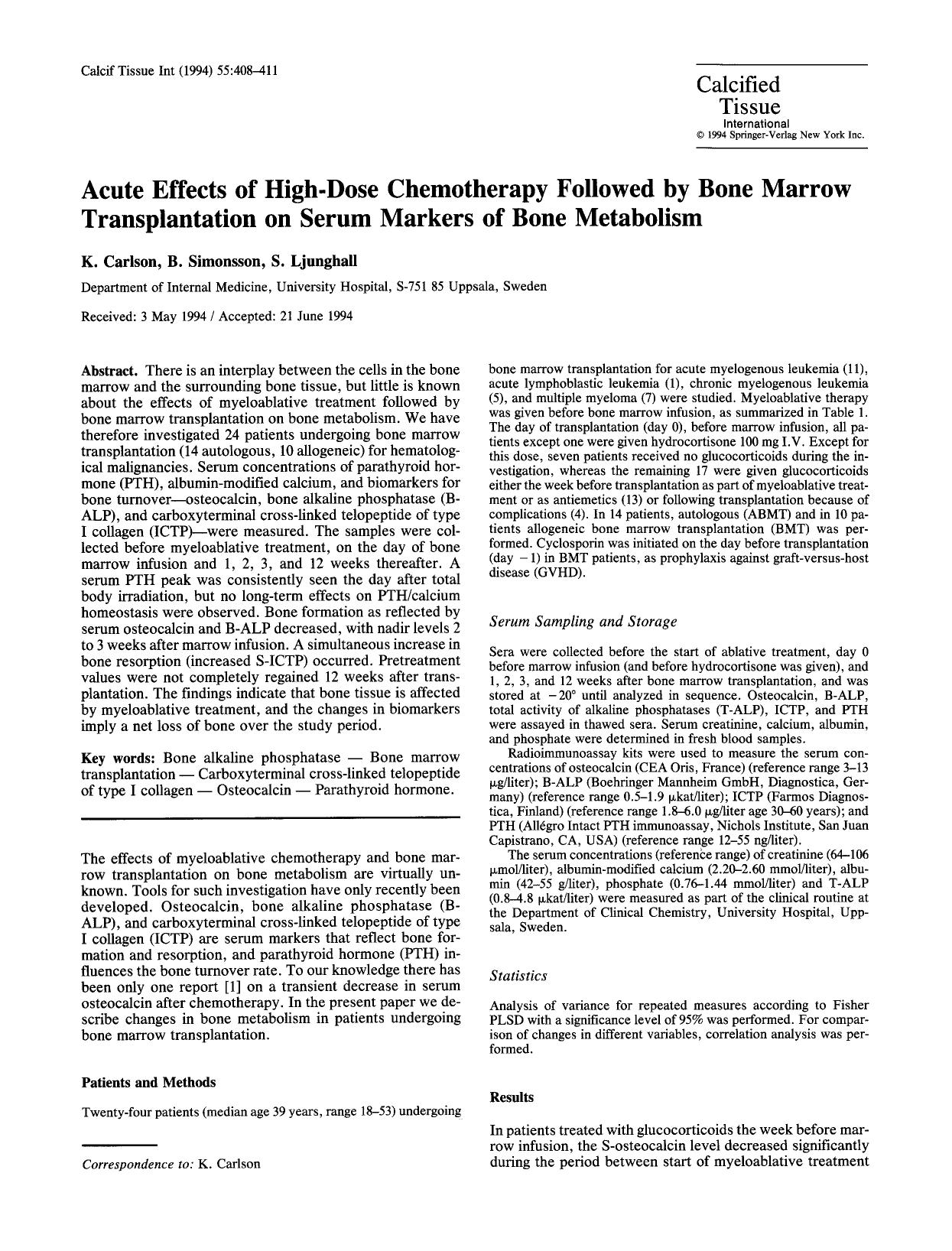 Acute effects of high-dose chemotherapy followed by bone marrow transplantation on serum markers of bone metabolism by Unknown