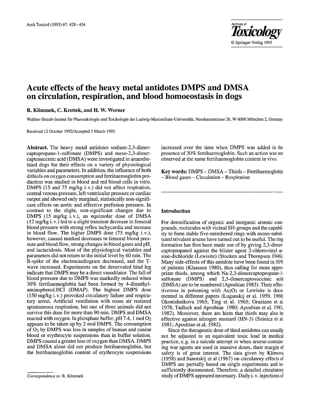 Acute effects of the heavy metal antidotes DMPS and DMSA on circulation, respiration, and blood homoeostasis in dogs by Unknown