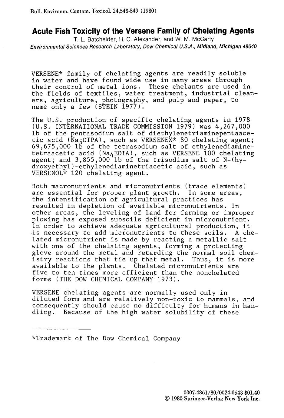 Acute fish toxicity of the versene family of chelating agents by Unknown